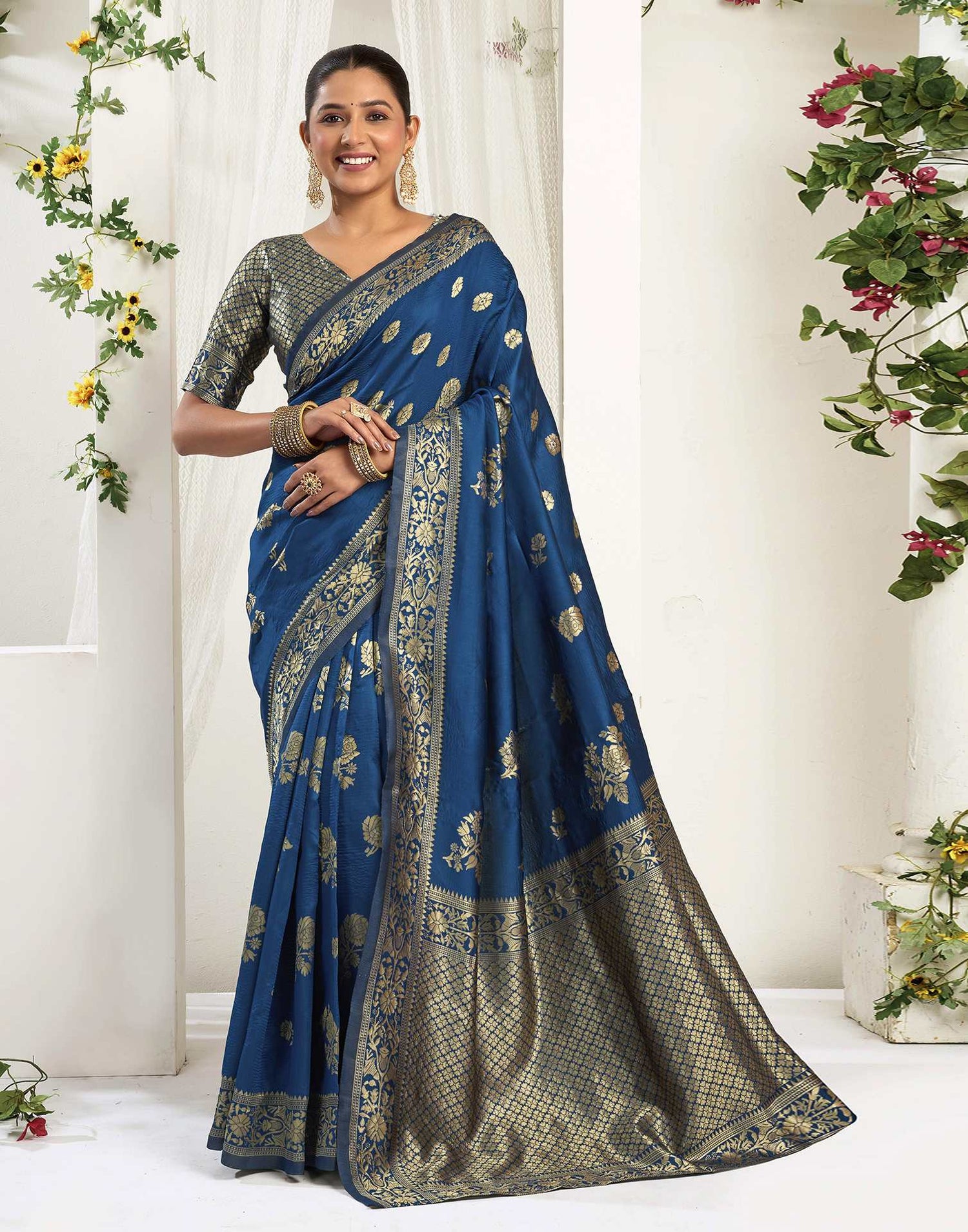 Rama Blue Silk Woven Banarasi Saree