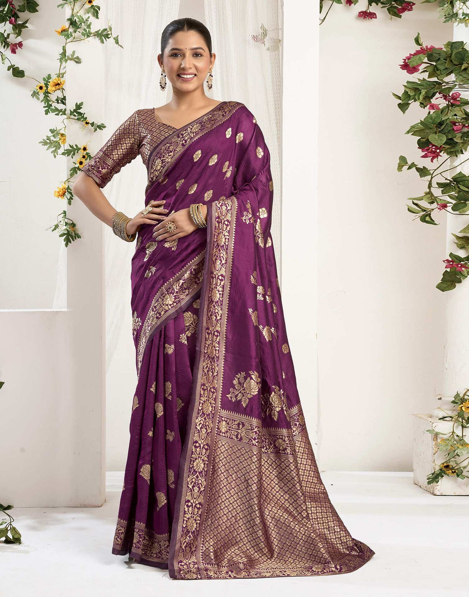 Wine Silk Woven Banarasi Saree