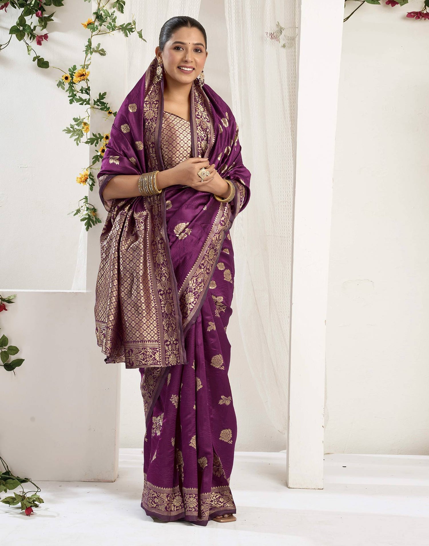 Wine Silk Woven Banarasi Saree