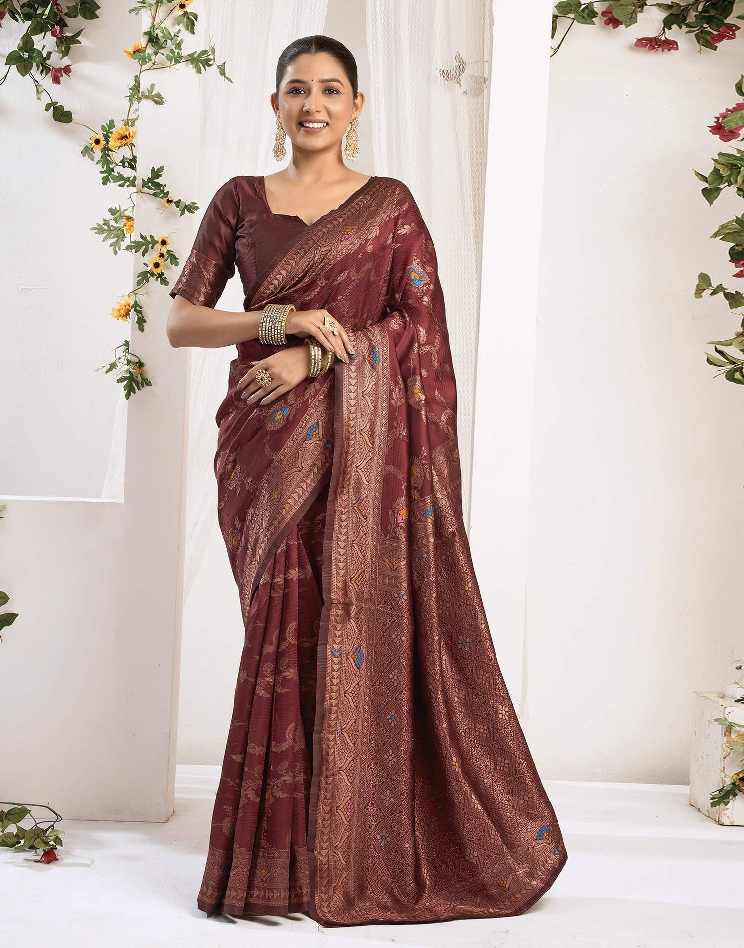 Maroon Silk Woven Banarasi Saree