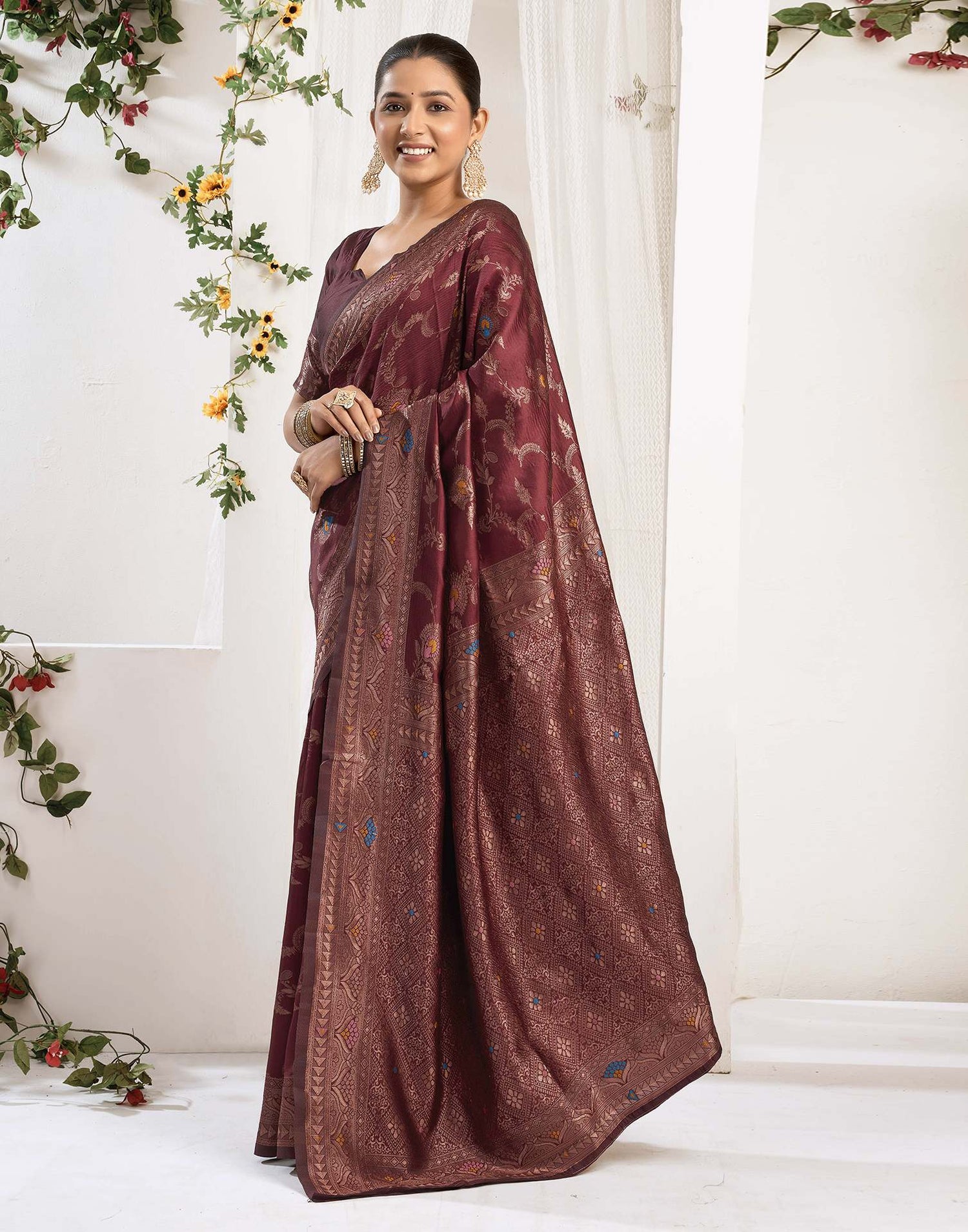 Maroon Silk Woven Banarasi Saree
