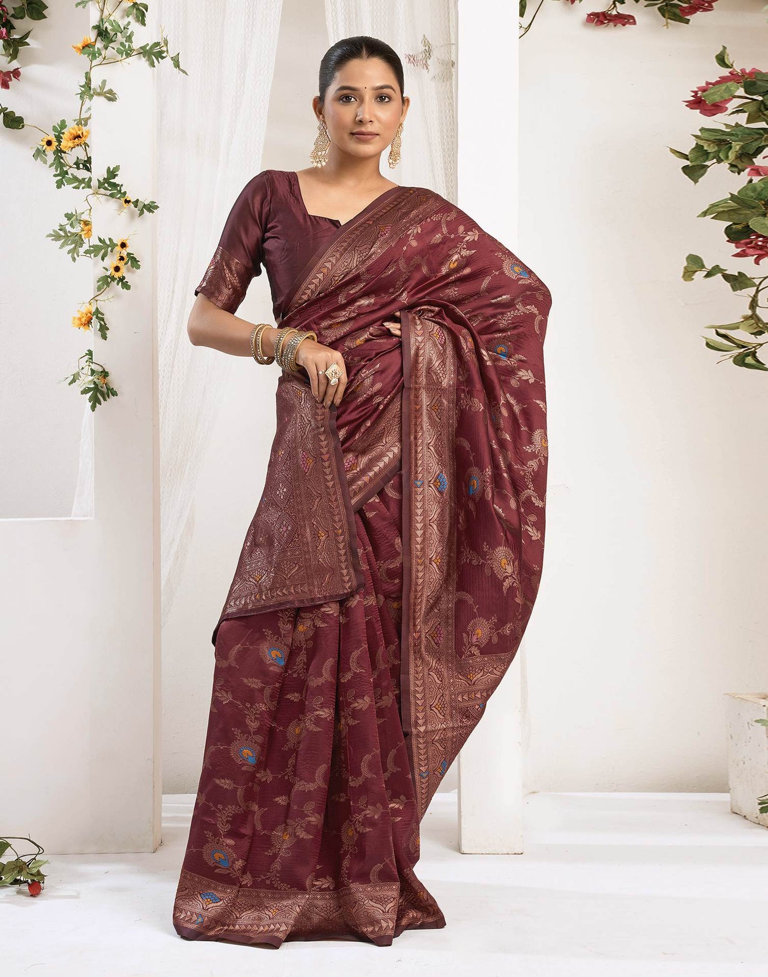 Maroon Silk Woven Banarasi Saree