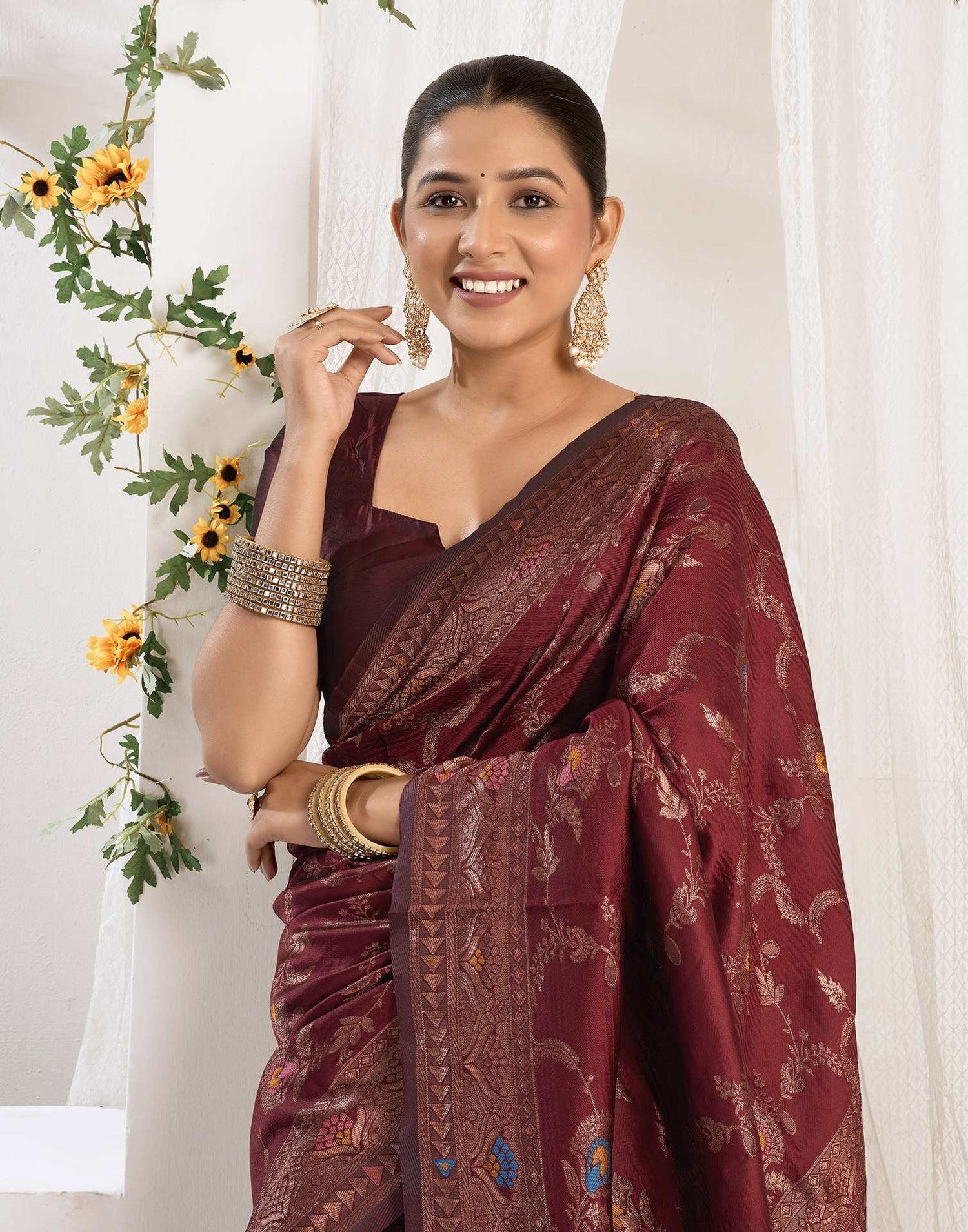 Maroon Silk Woven Banarasi Saree