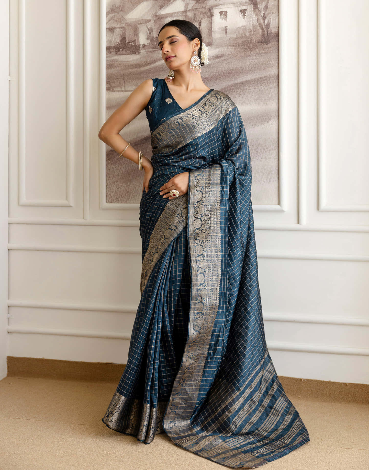 Cyan Blue Silk Woven Saree