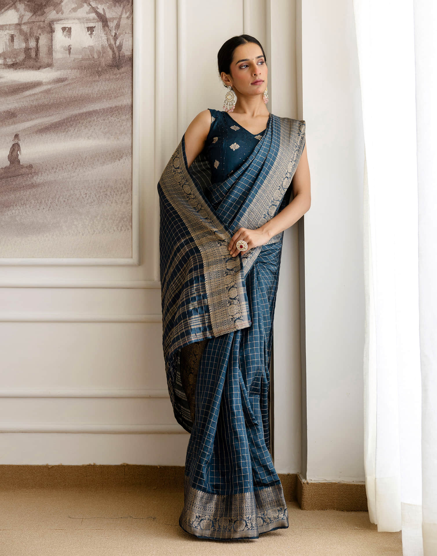 Cyan Blue Silk Woven Saree