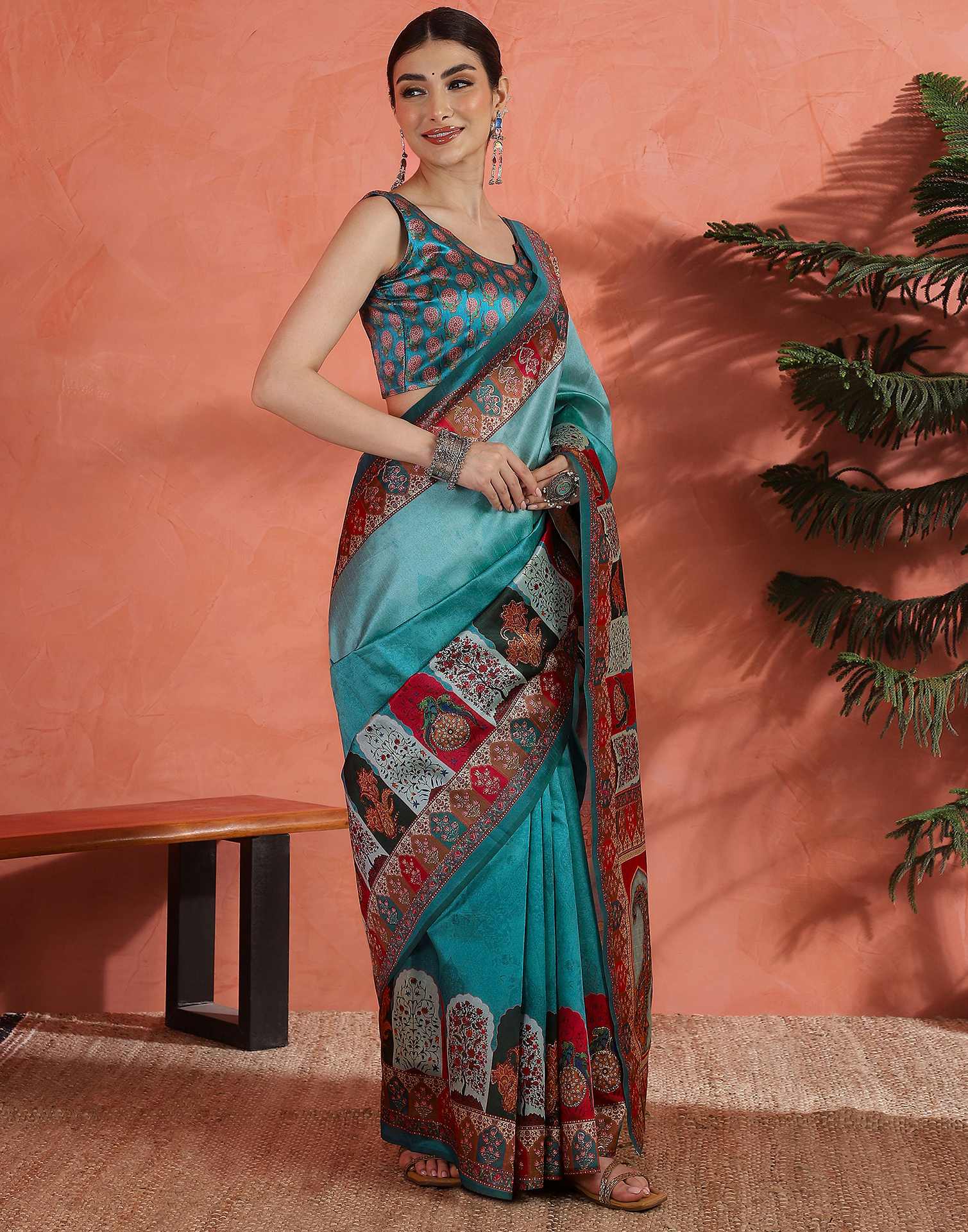 Teal Blue Chanderi Printed Saree