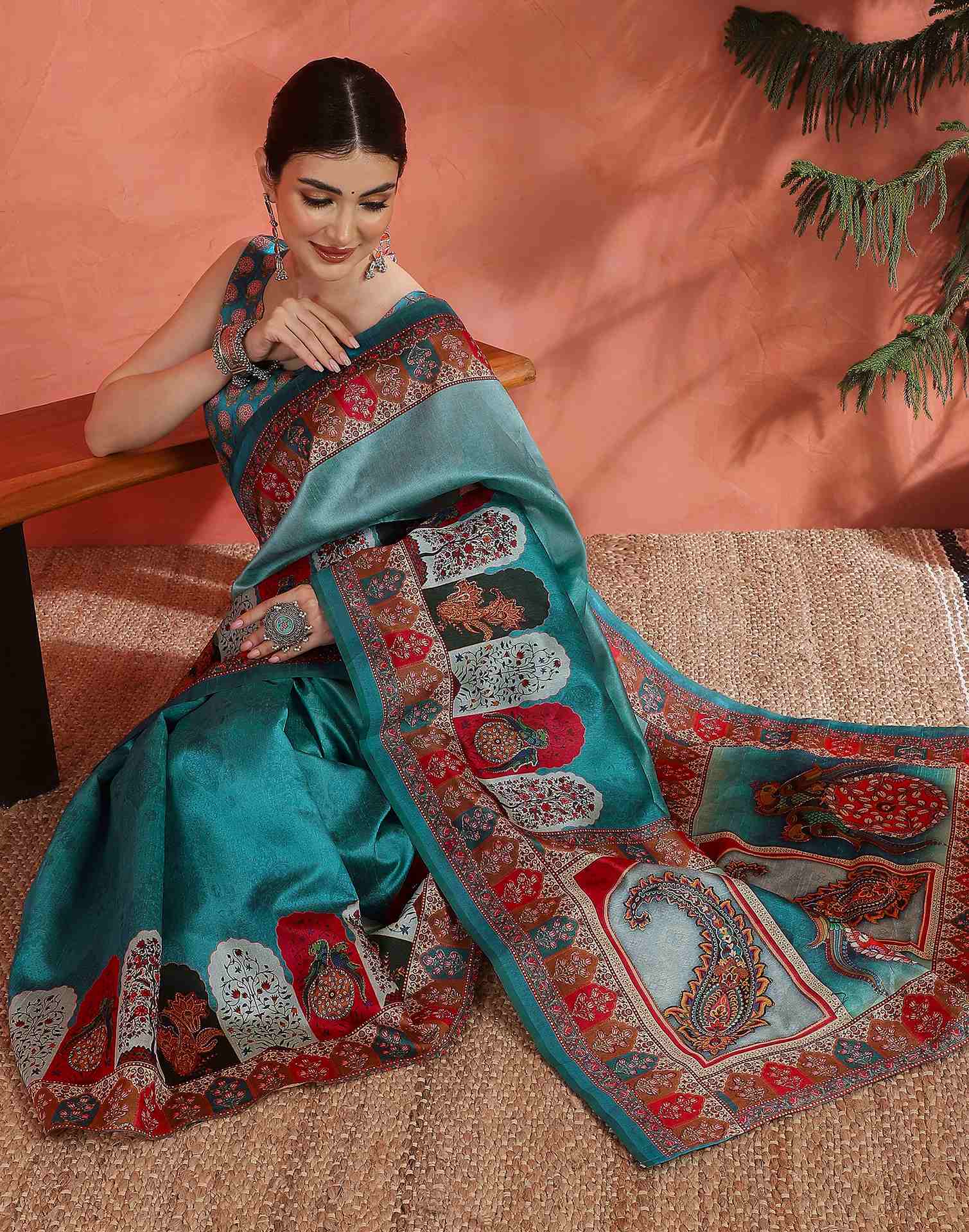 Teal Blue Chanderi Printed Saree