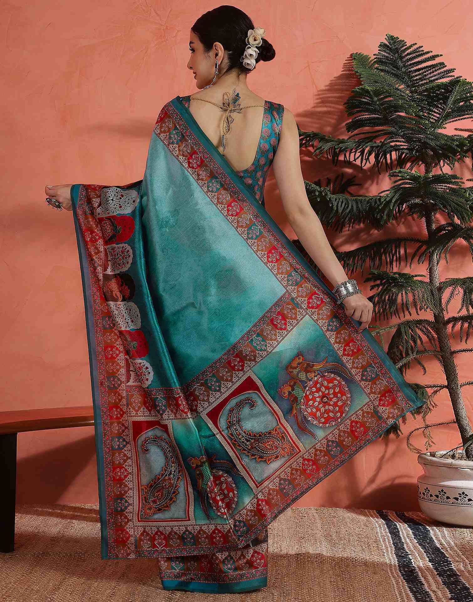 Teal Blue Chanderi Printed Saree