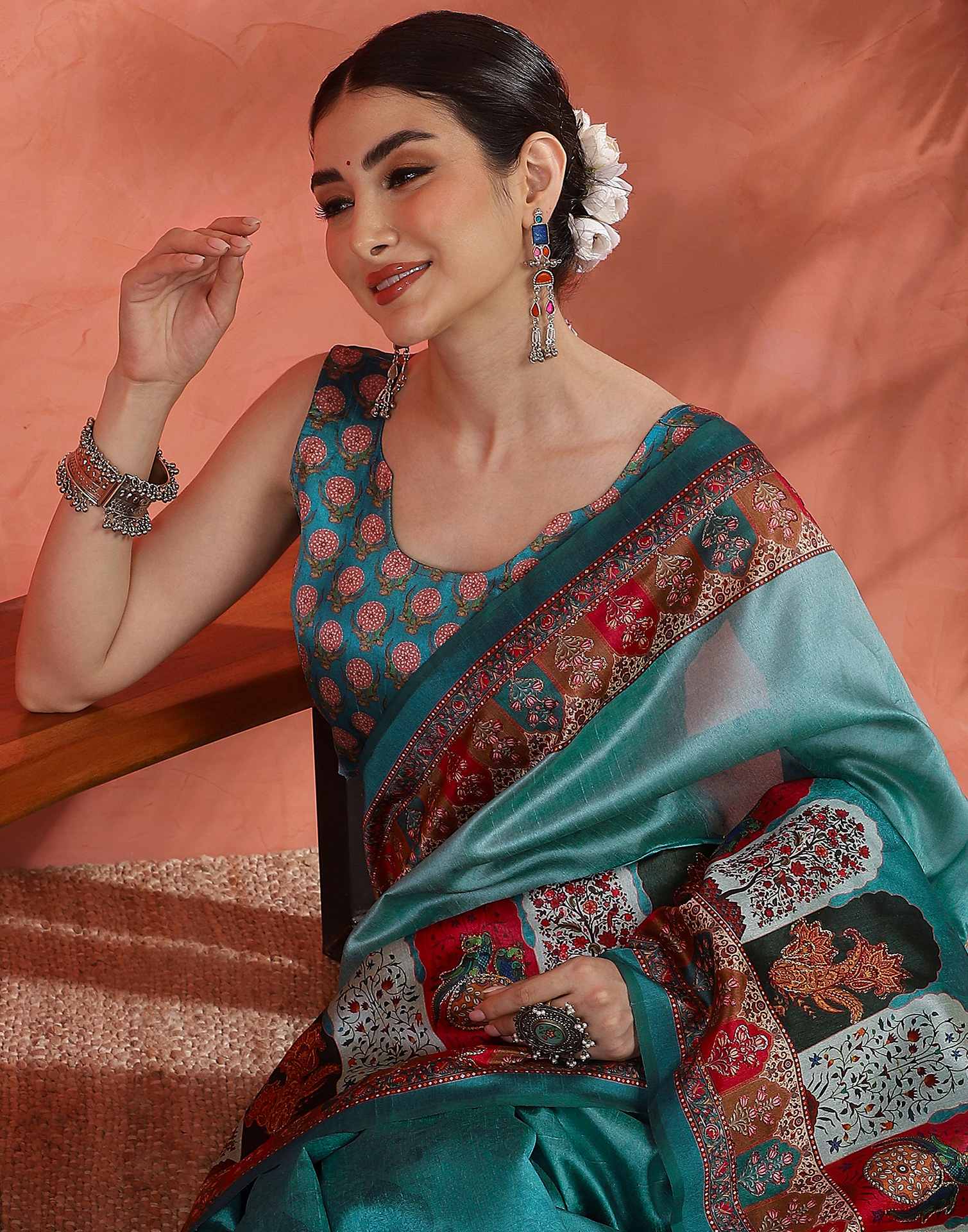 Teal Blue Chanderi Printed Saree