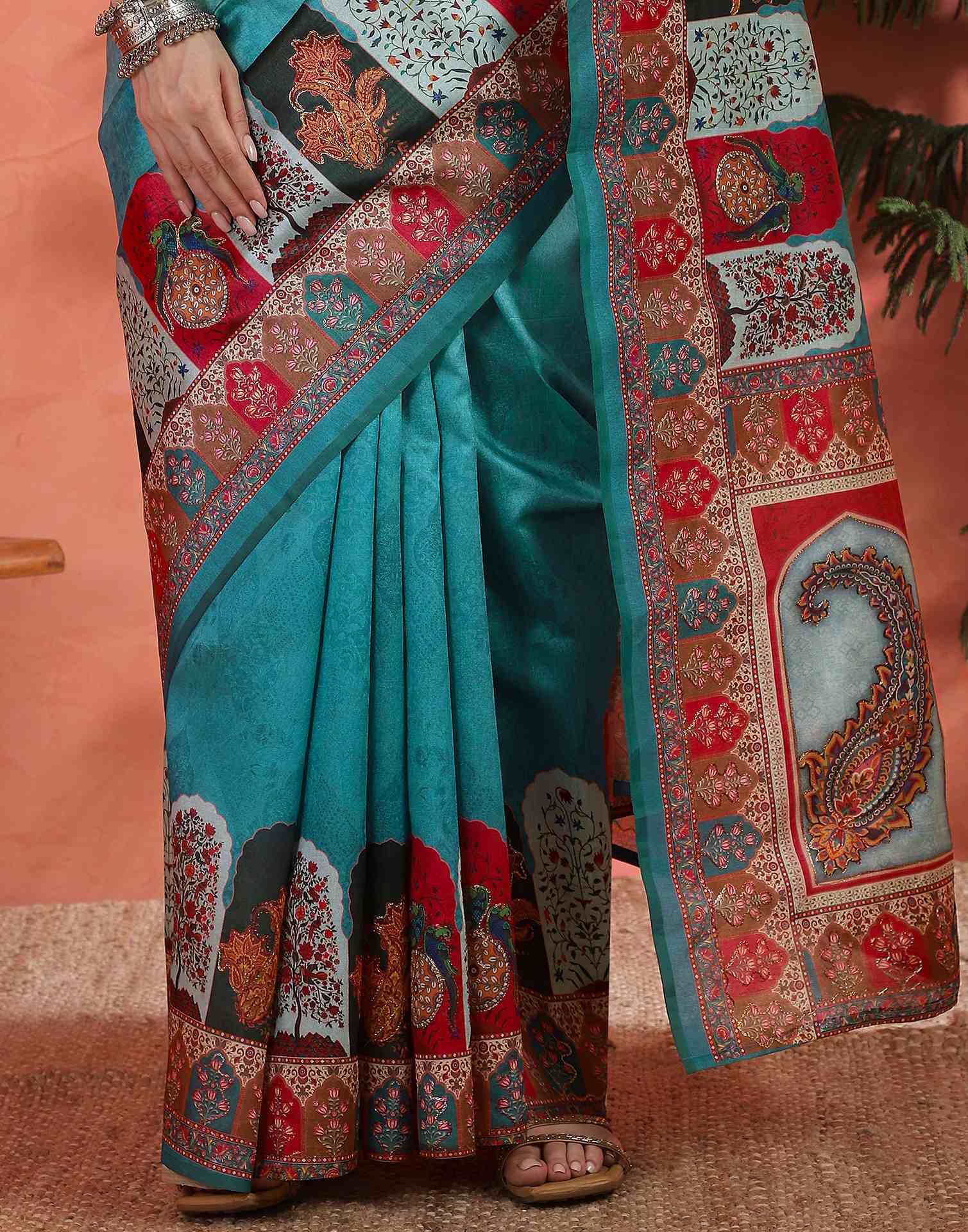 Teal Blue Chanderi Printed Saree
