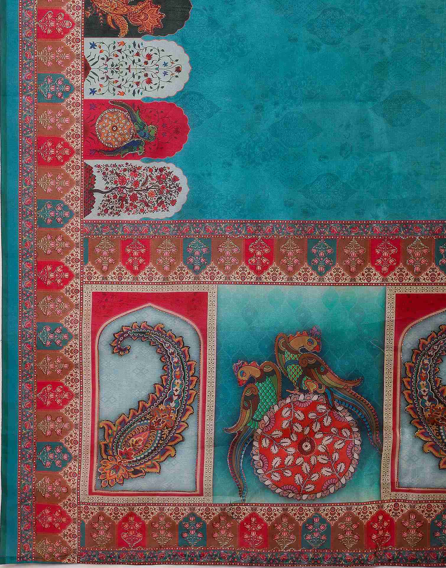 Teal Blue Chanderi Printed Saree