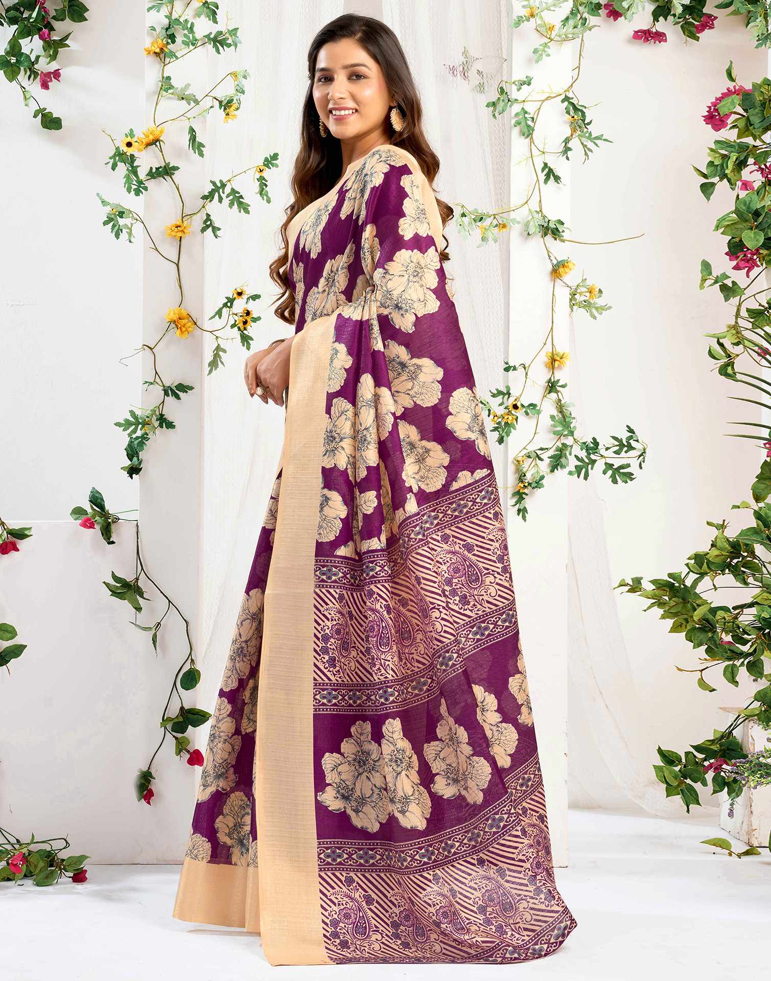 Dark Wine Cotton Floral Printed Saree