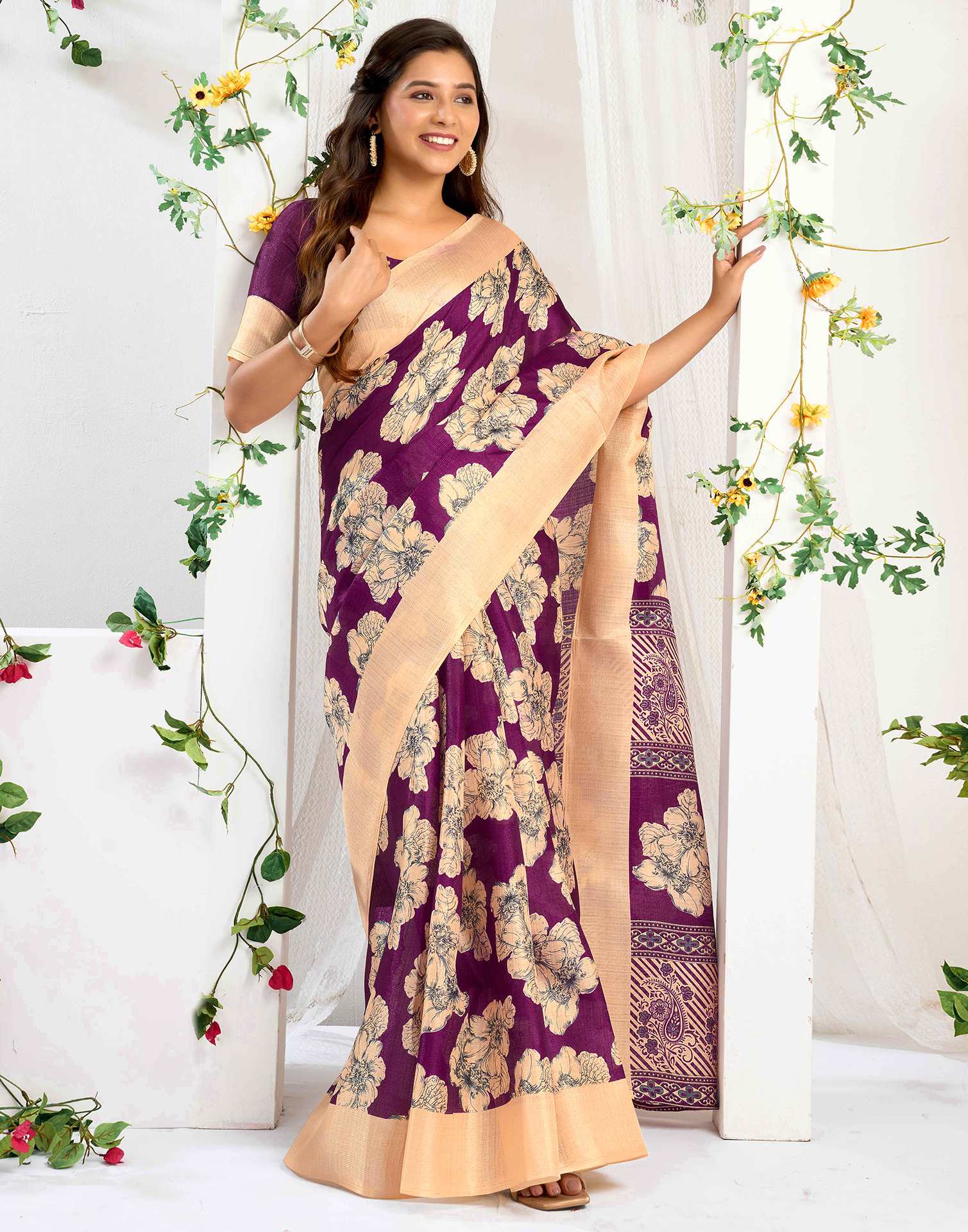 Dark Wine Cotton Floral Printed Saree