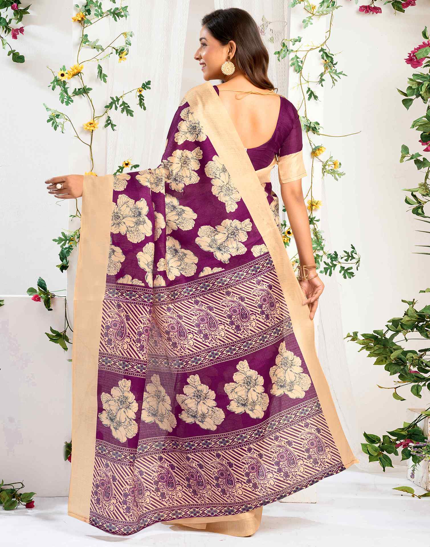 Dark Wine Cotton Floral Printed Saree