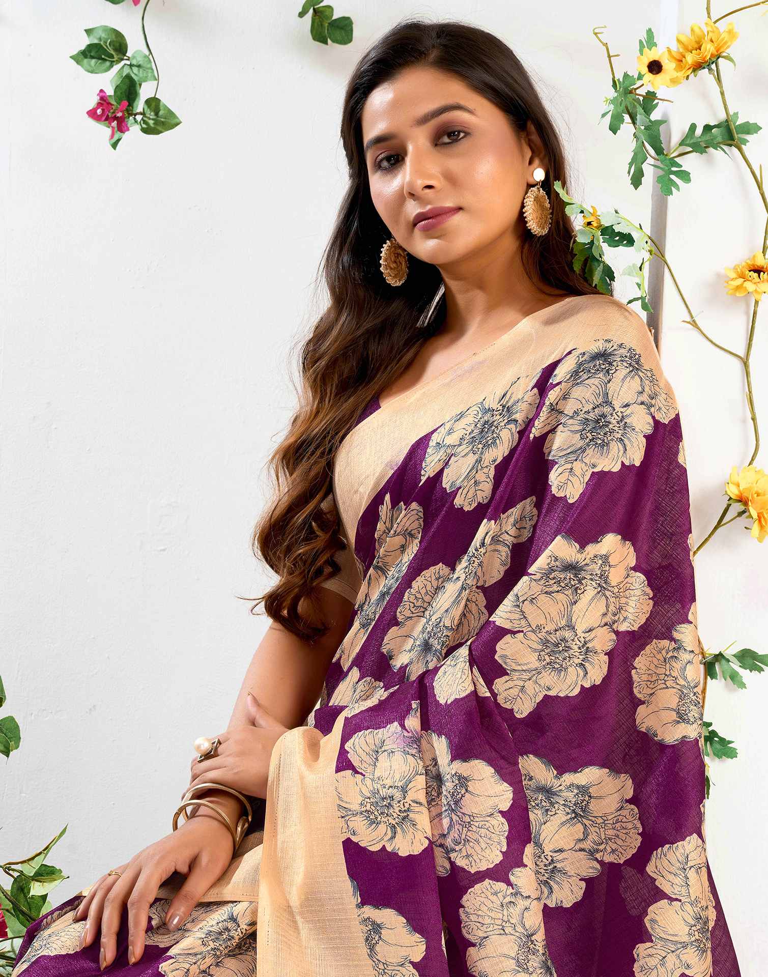 Dark Wine Cotton Floral Printed Saree