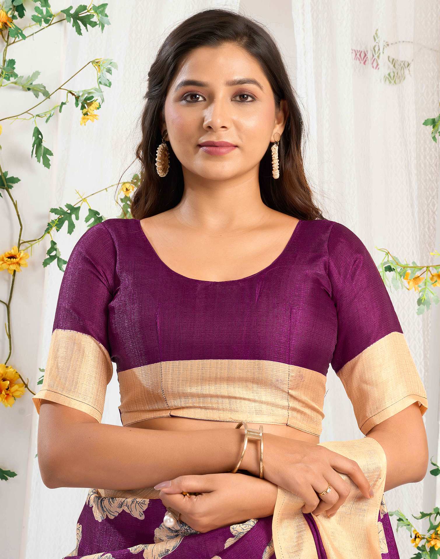 Dark Wine Cotton Floral Printed Saree