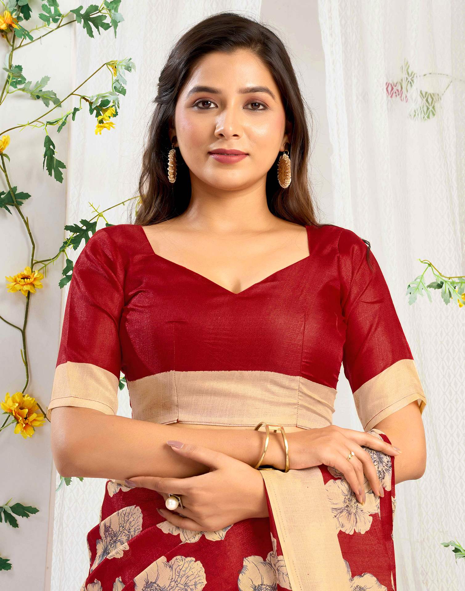 Red Cotton Floral Printed Saree