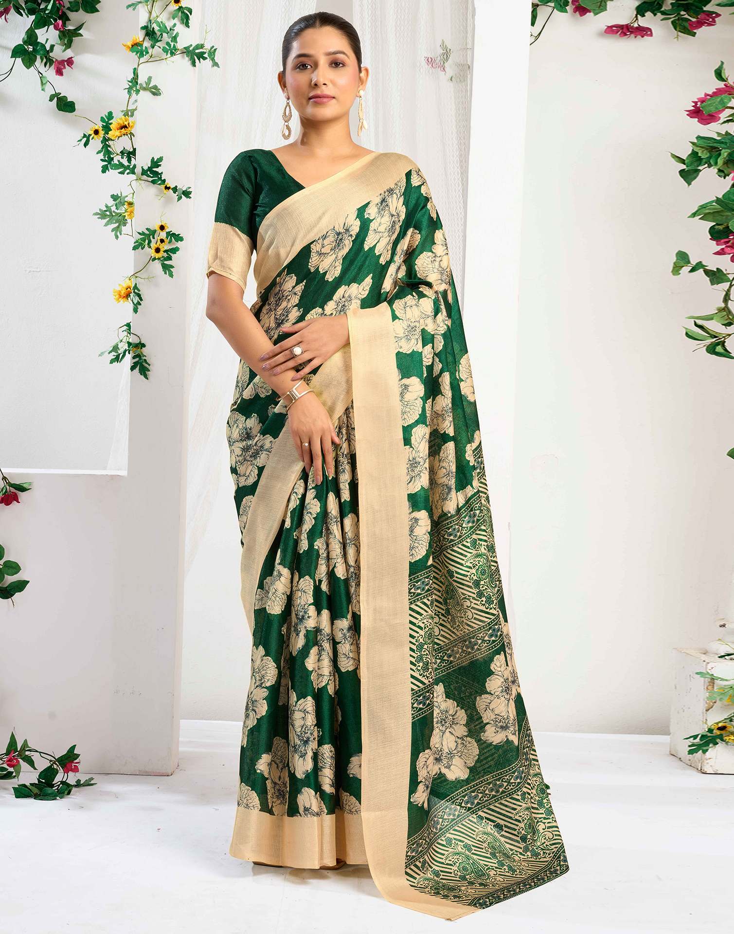 Green Cotton Floral Printed Saree