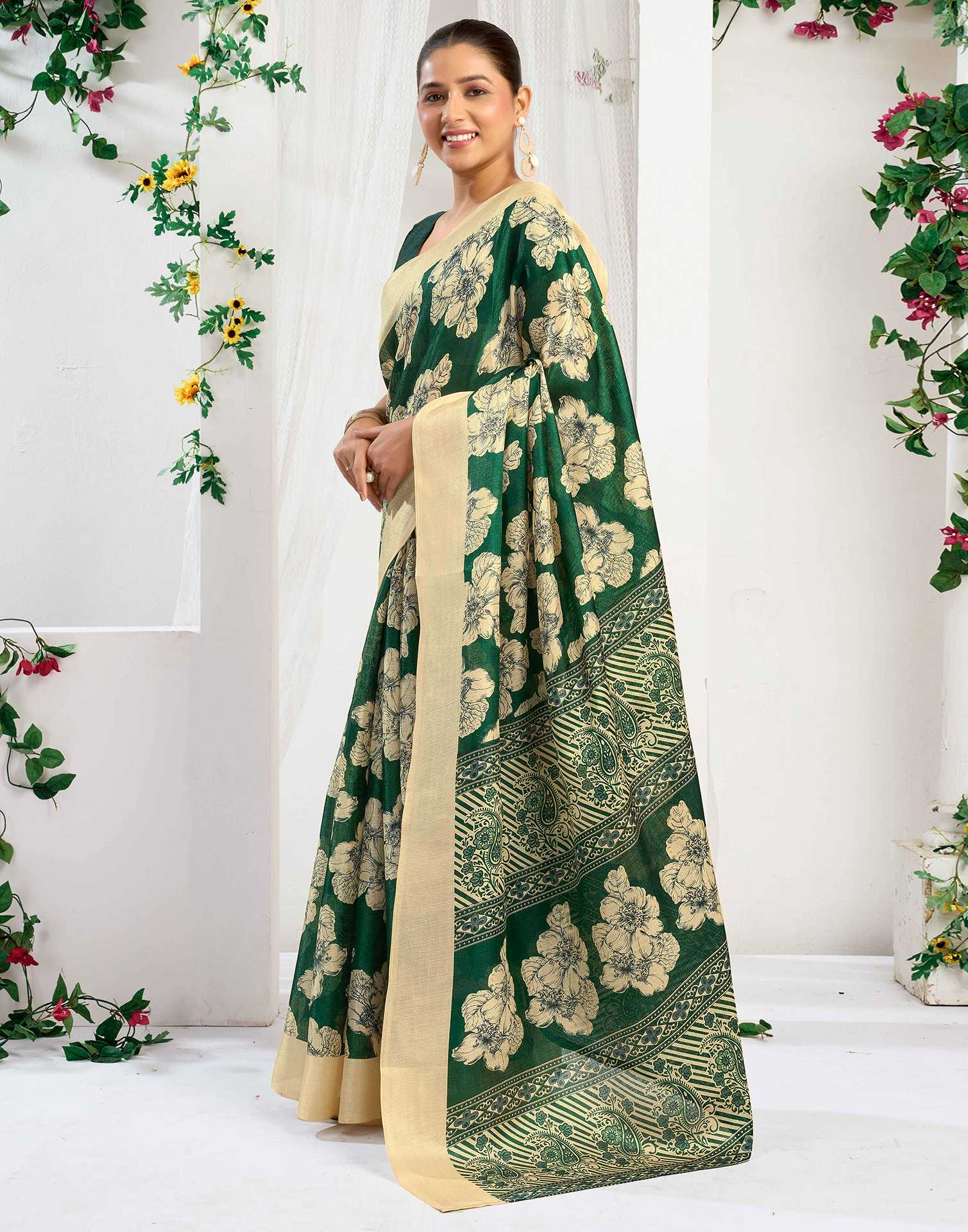 Green Cotton Floral Printed Saree
