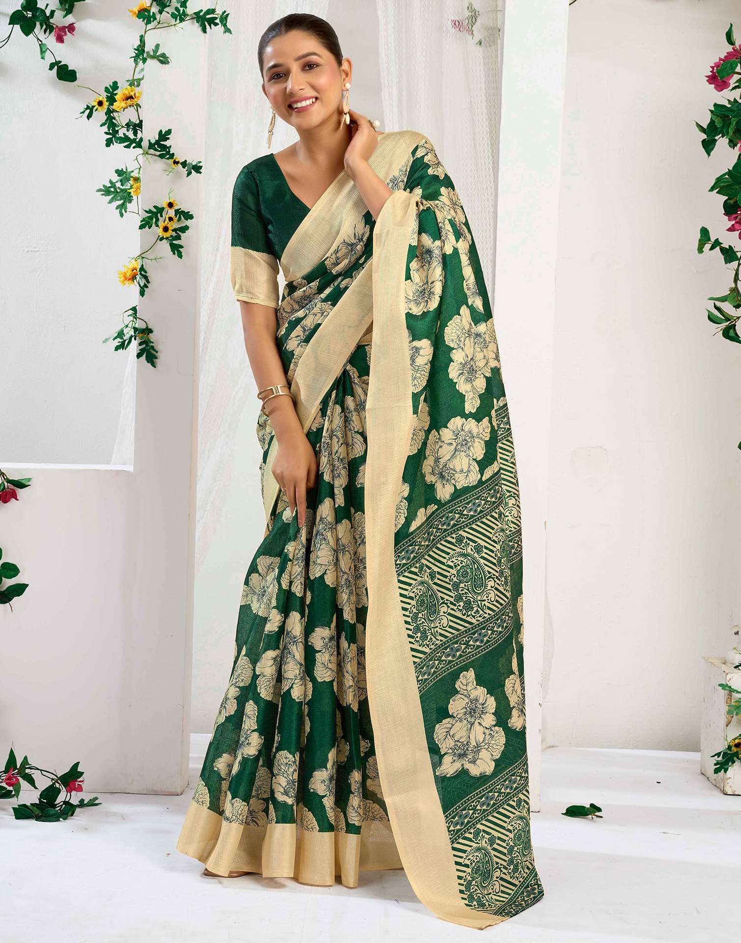 Green Cotton Floral Printed Saree