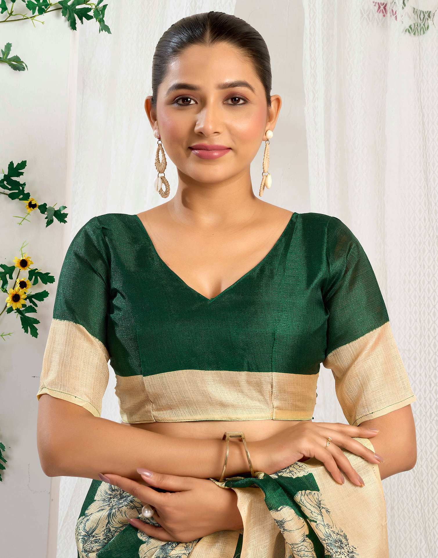 Green Cotton Floral Printed Saree