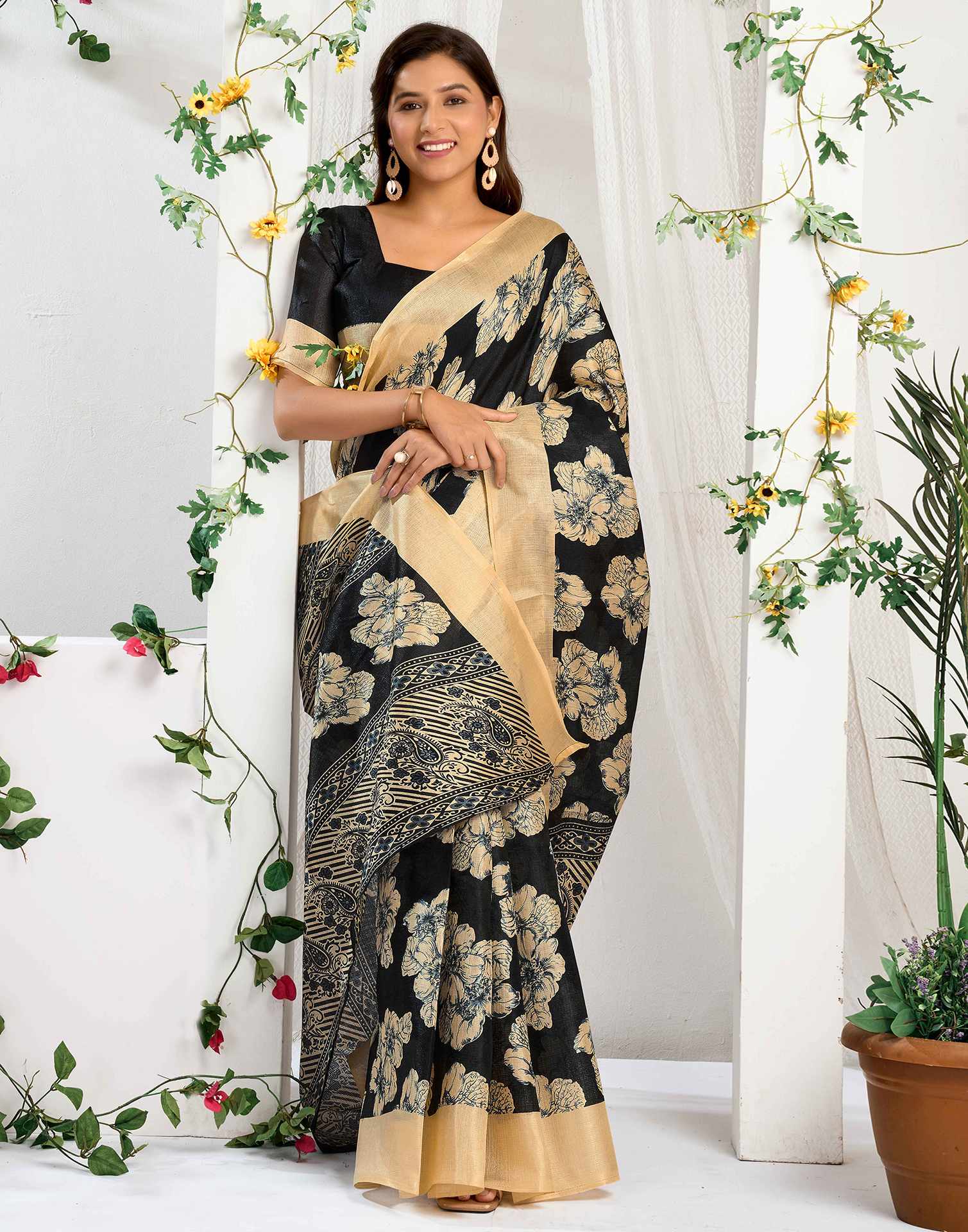 Black Cotton Floral Printed Saree