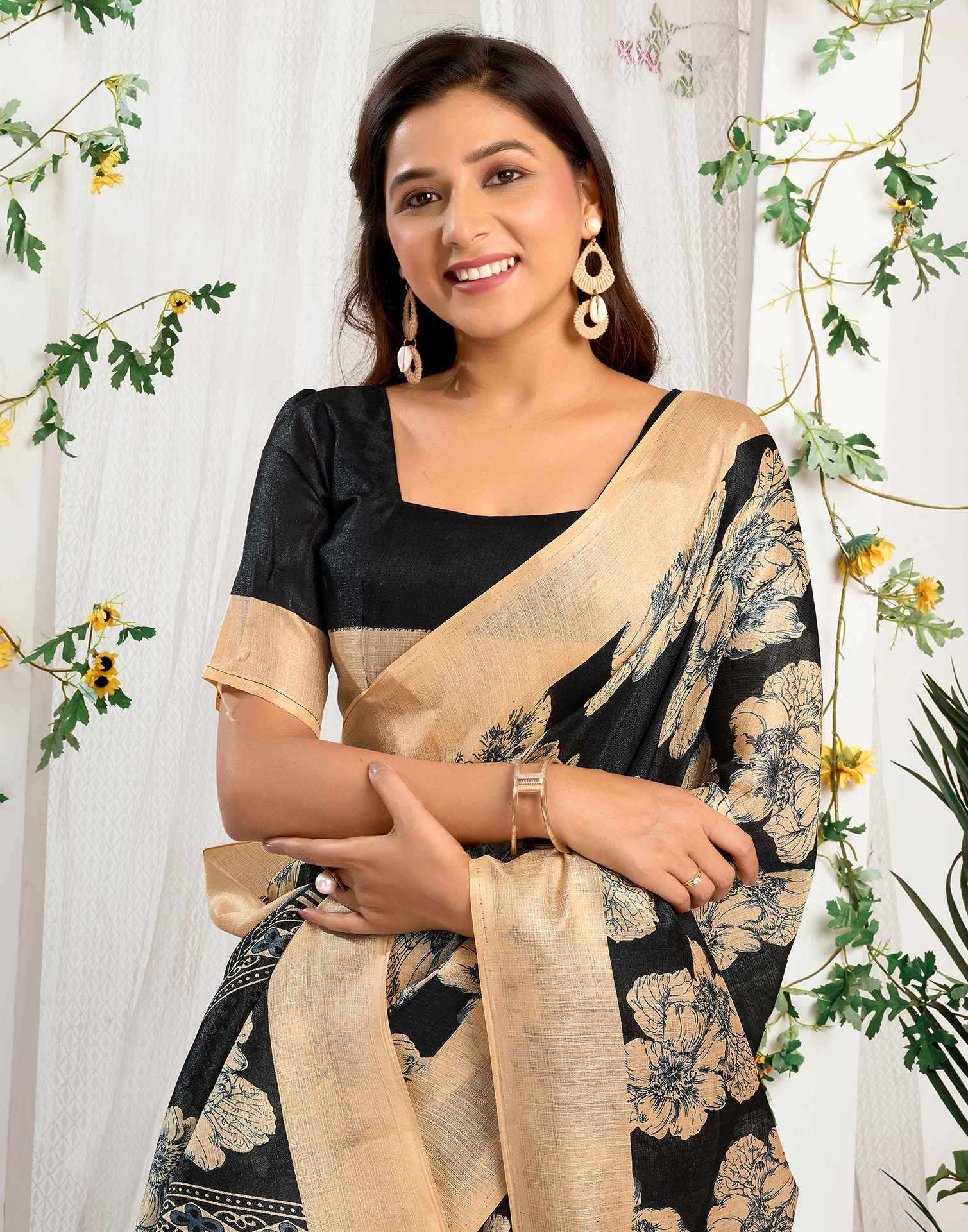 Black Cotton Floral Printed Saree