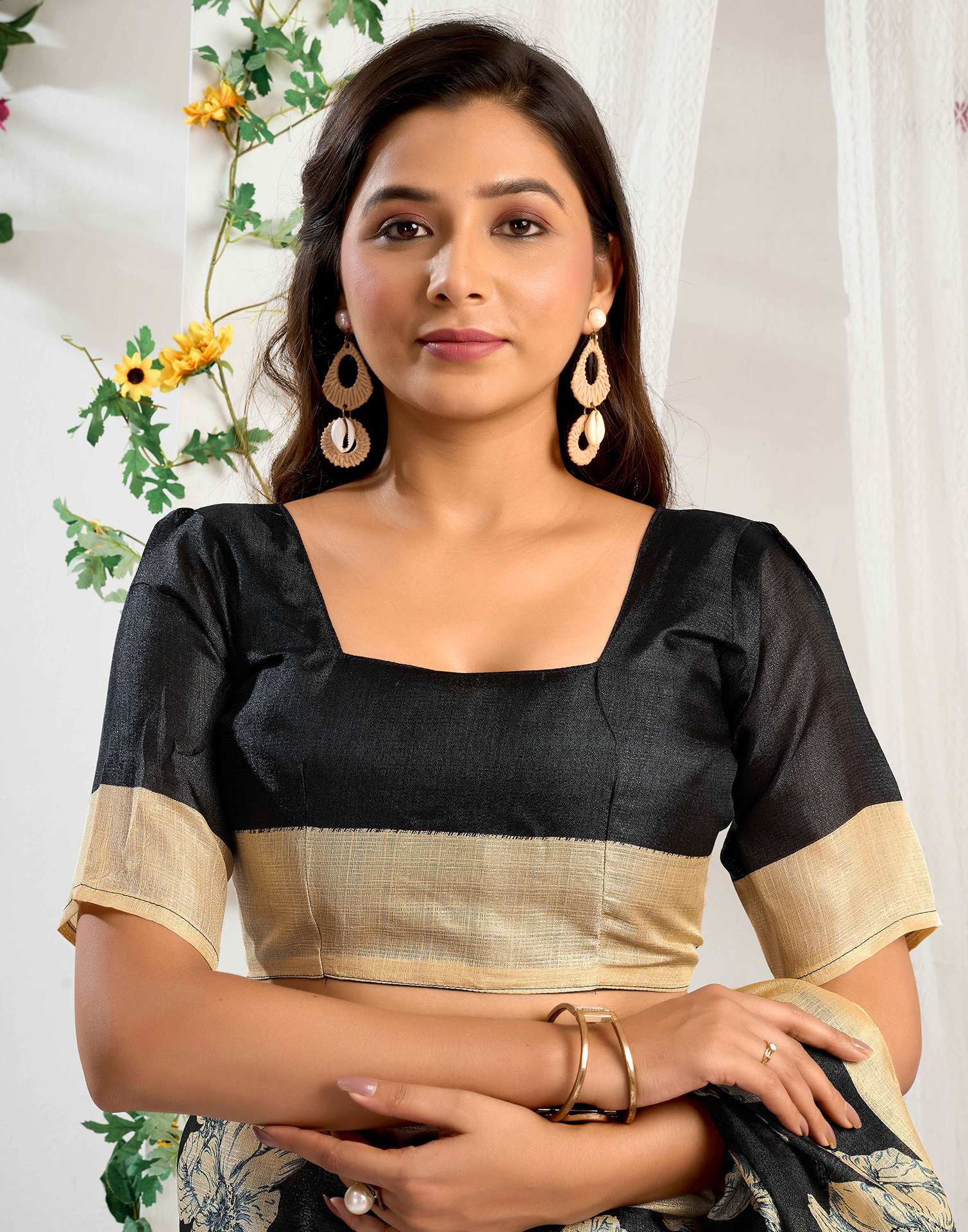 Black Cotton Floral Printed Saree