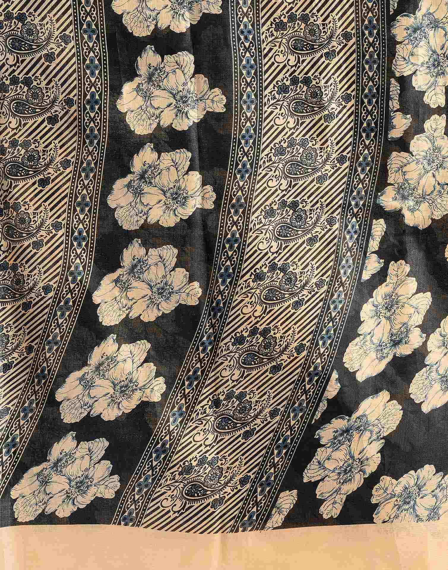 Black Cotton Floral Printed Saree