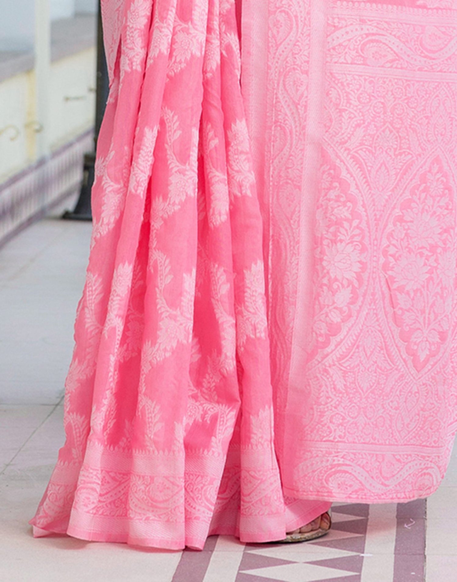 Bright Pink Cotton Woven Saree