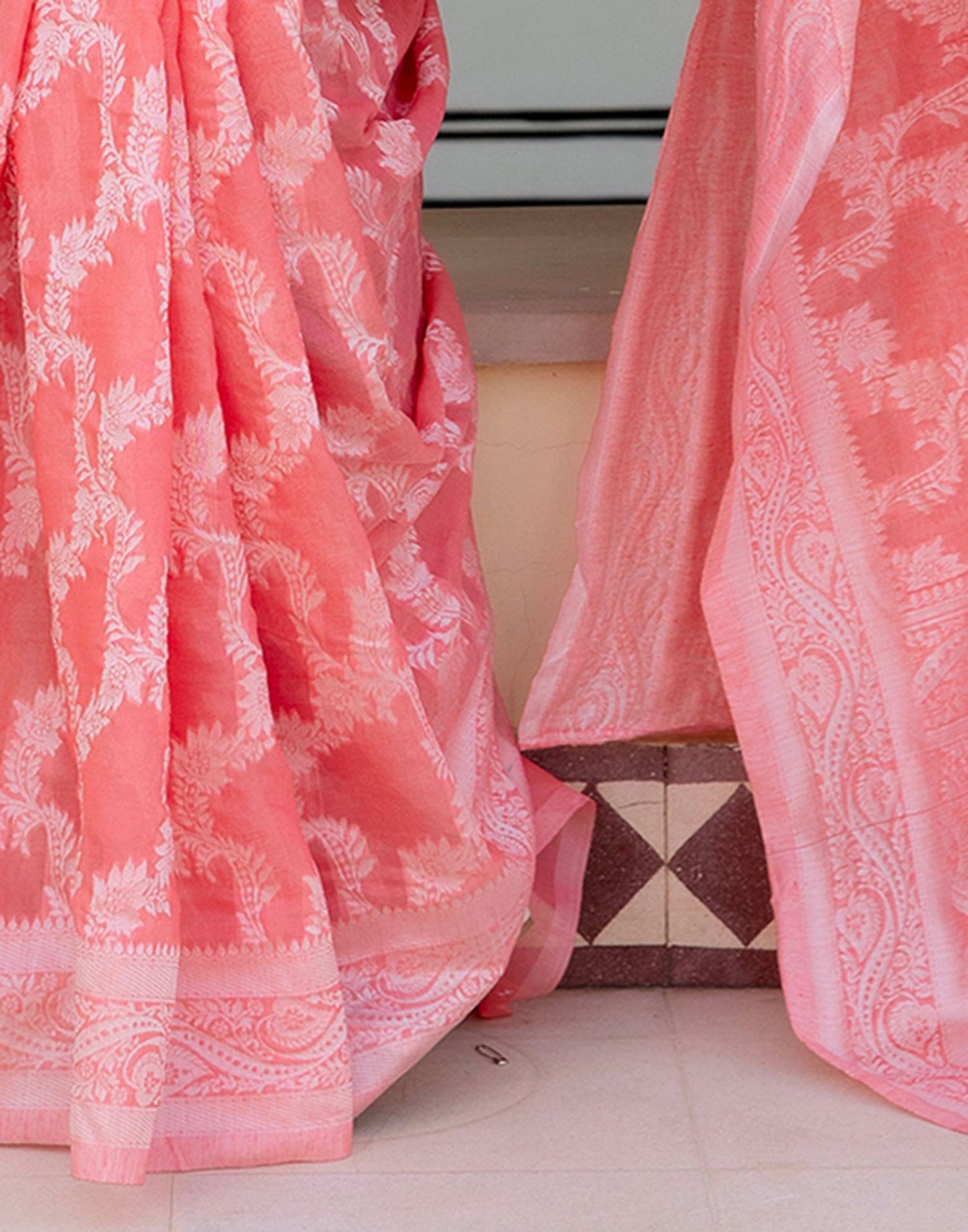 Coral Pink Cotton Woven Saree