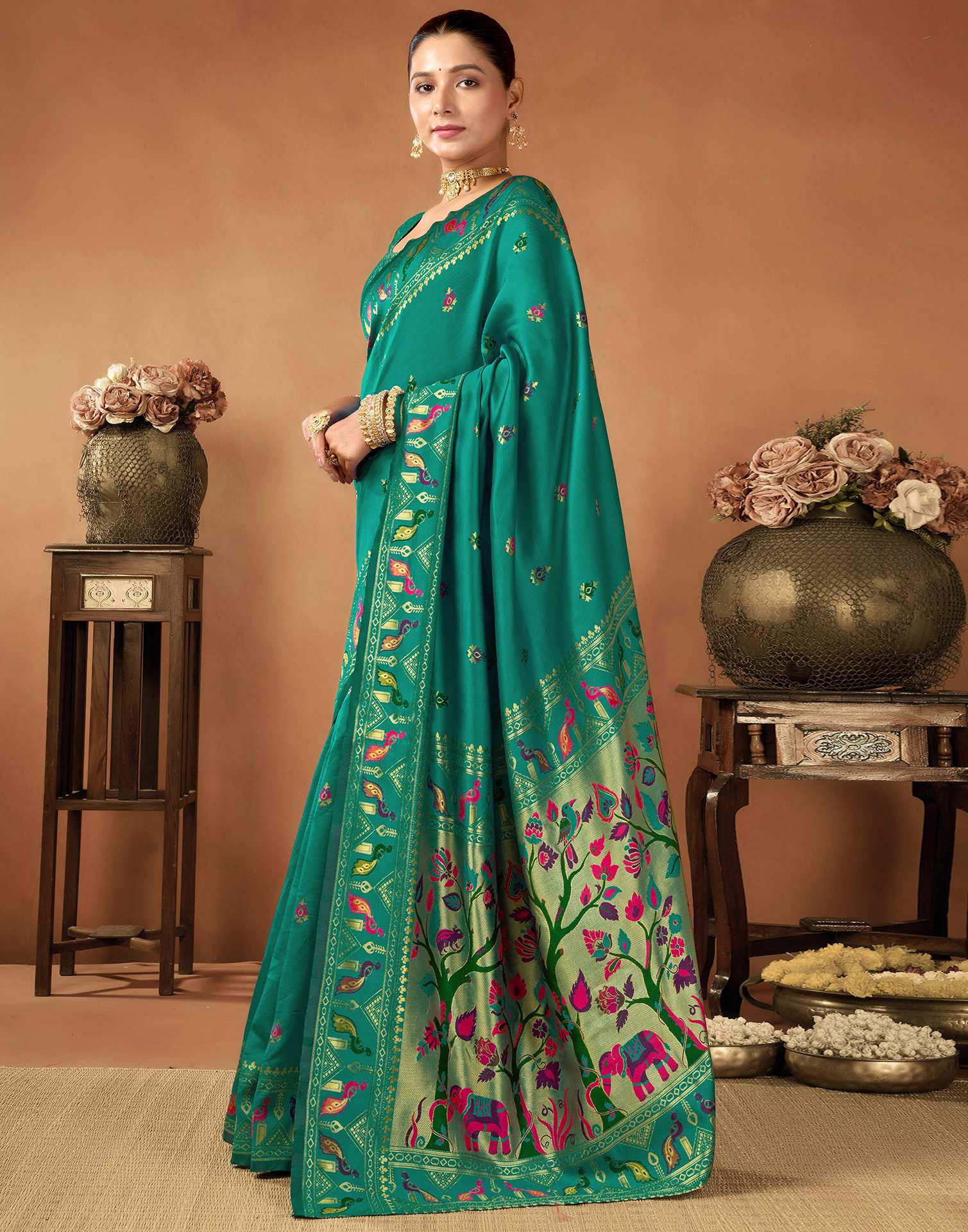Teal Green Silk Woven Paithani Saree