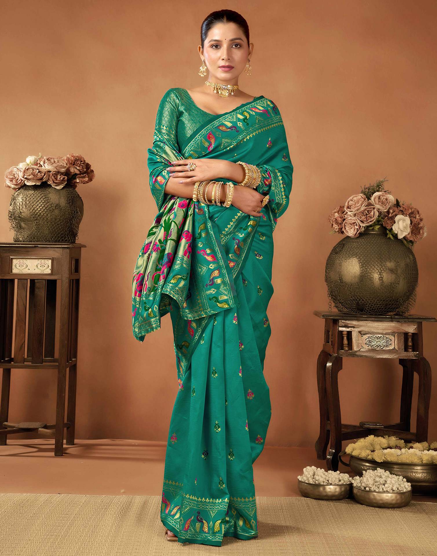 Teal Green Silk Woven Paithani Saree