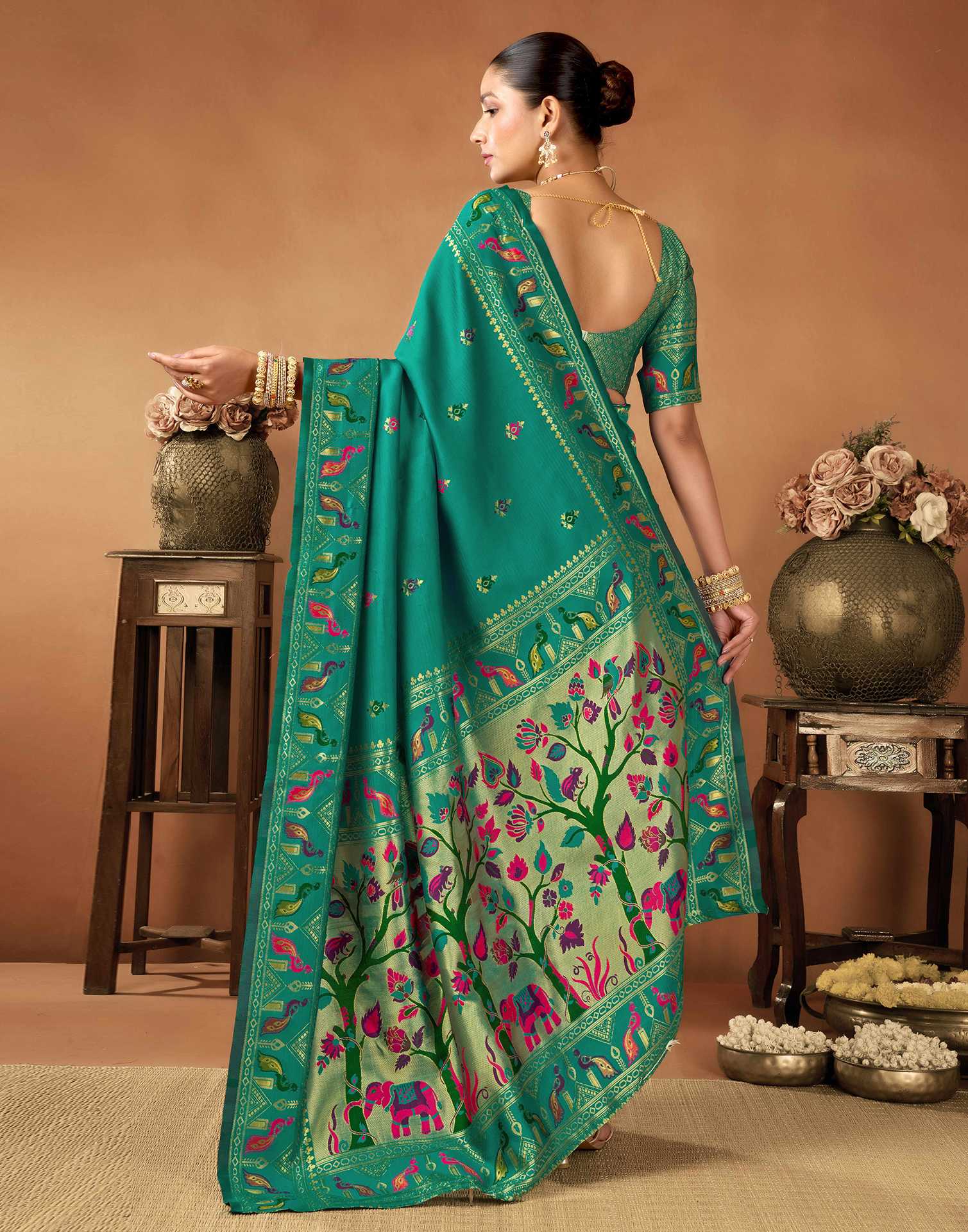 Teal Green Silk Woven Paithani Saree