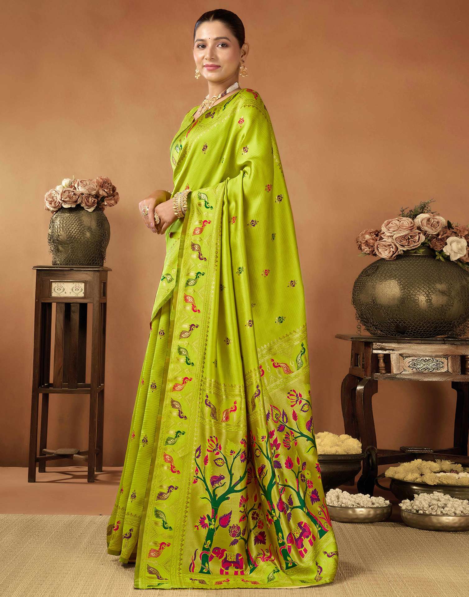 Lime Green Silk Woven Paithani Saree