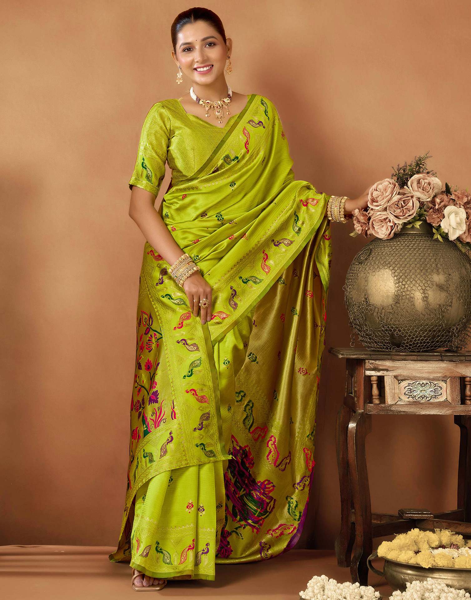 Lime Green Silk Woven Paithani Saree