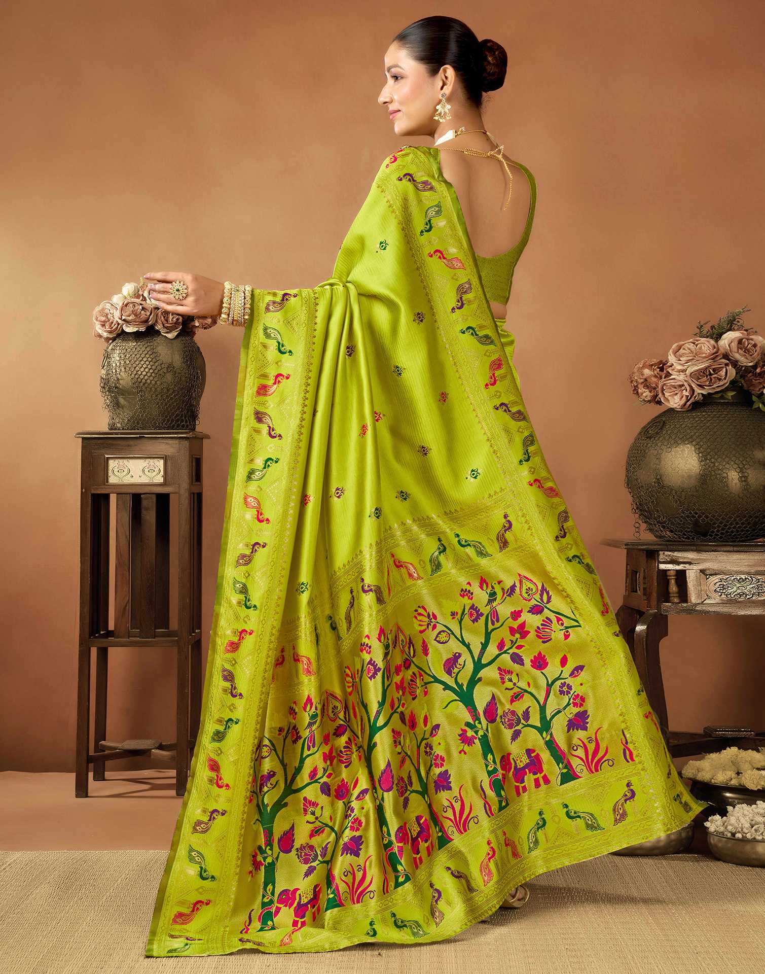 Lime Green Silk Woven Paithani Saree