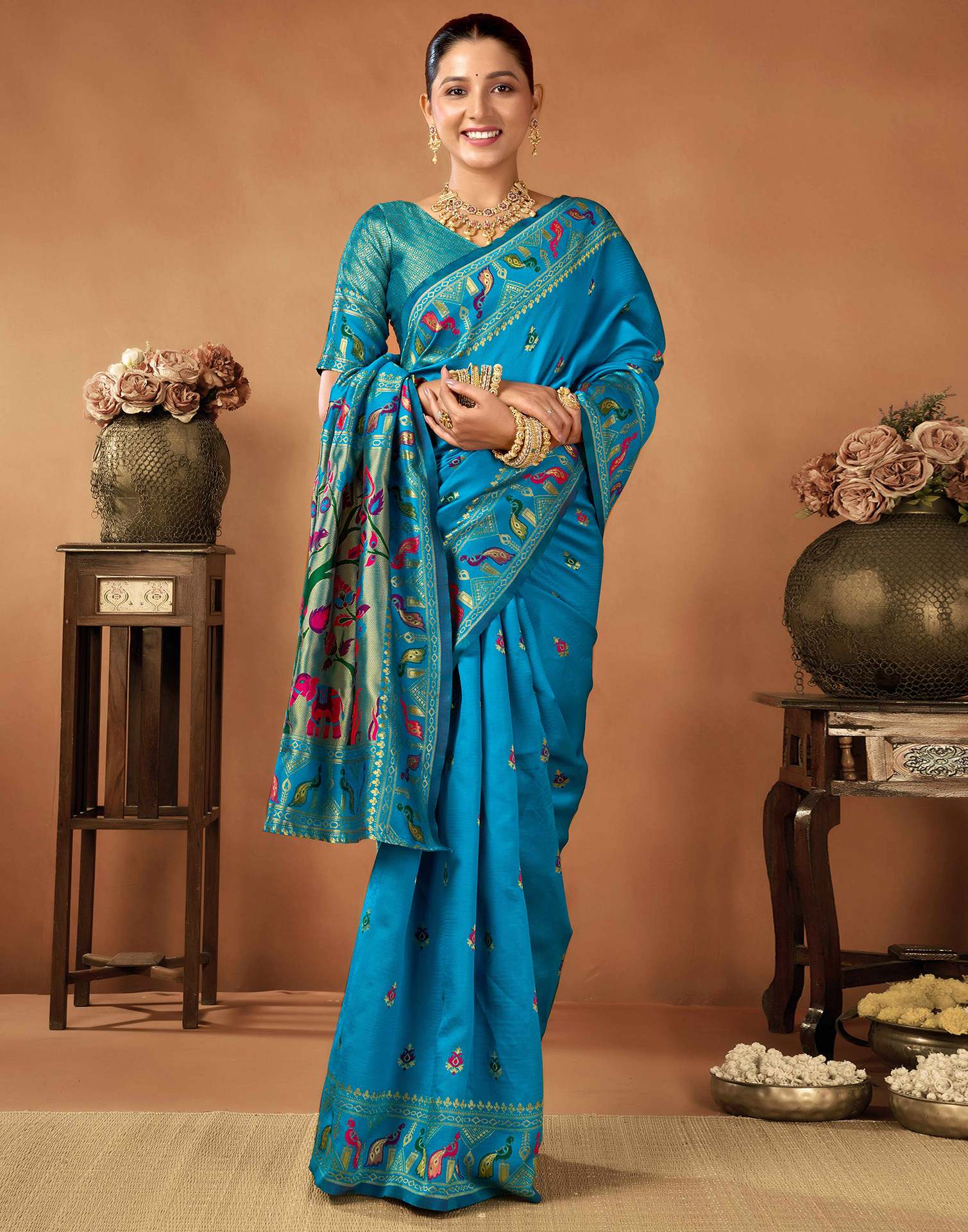 Peacock Blue Silk Woven Paithani Saree