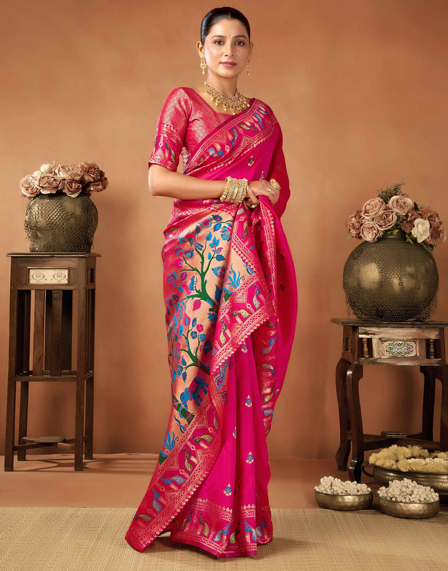 Rani Pink Silk Woven Paithani Saree