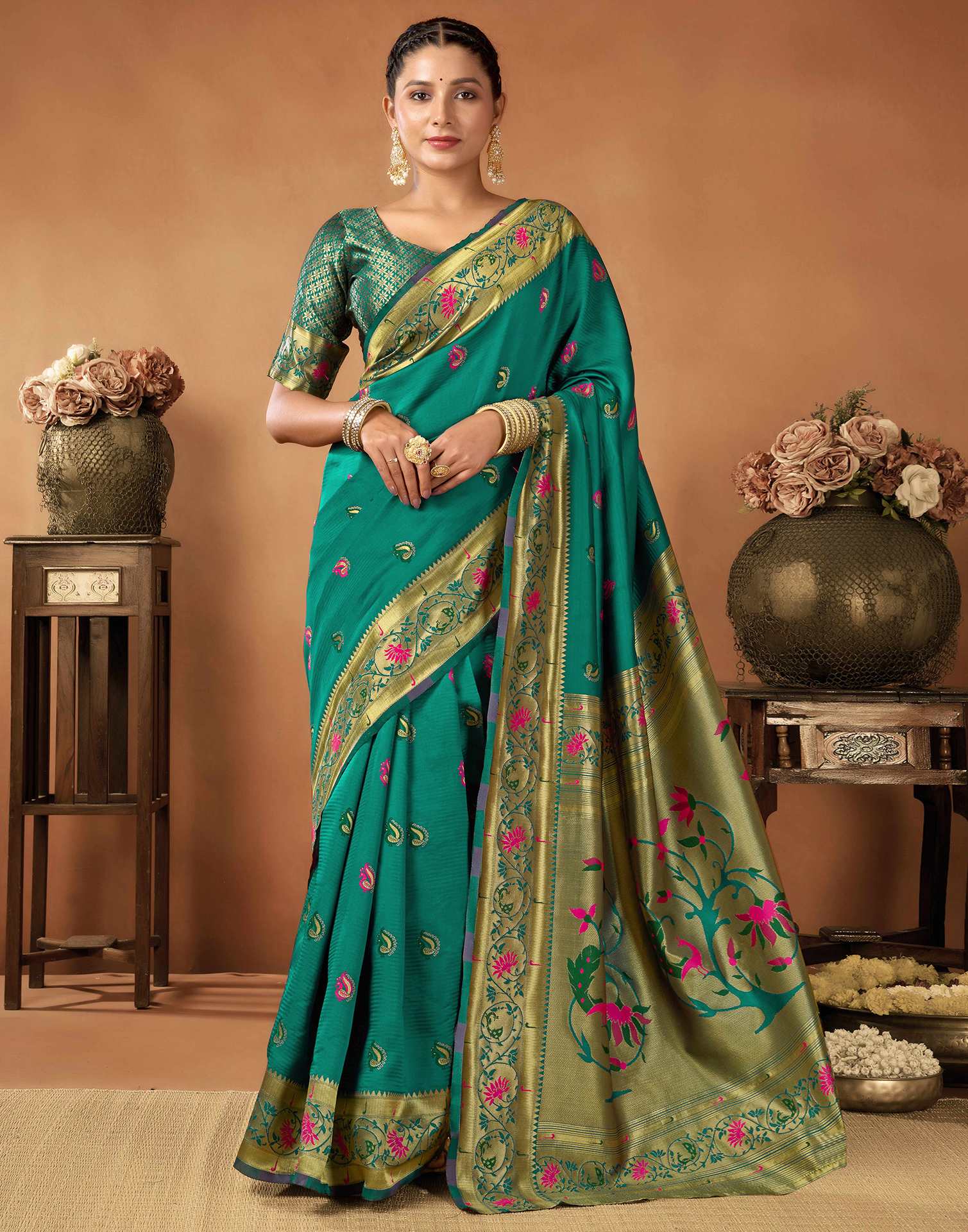 Teal Green Silk Woven Paithani Saree