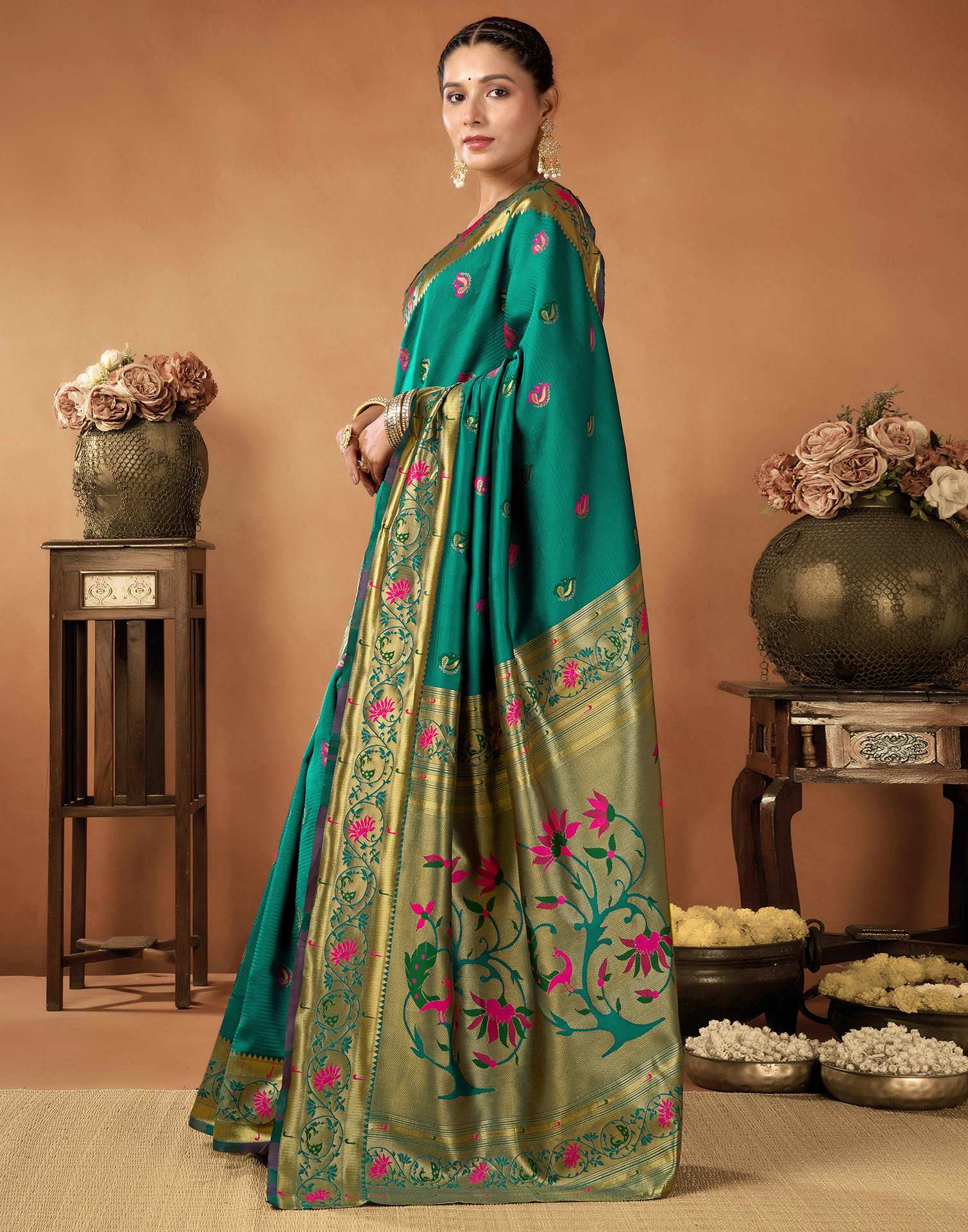 Teal Green Silk Woven Paithani Saree