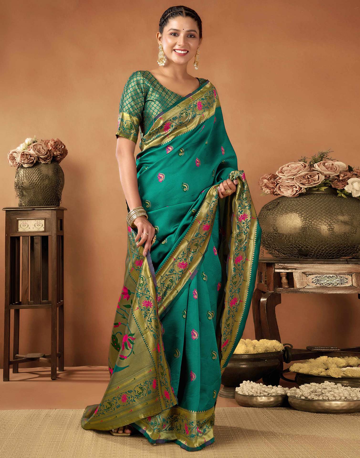 Teal Green Silk Woven Paithani Saree
