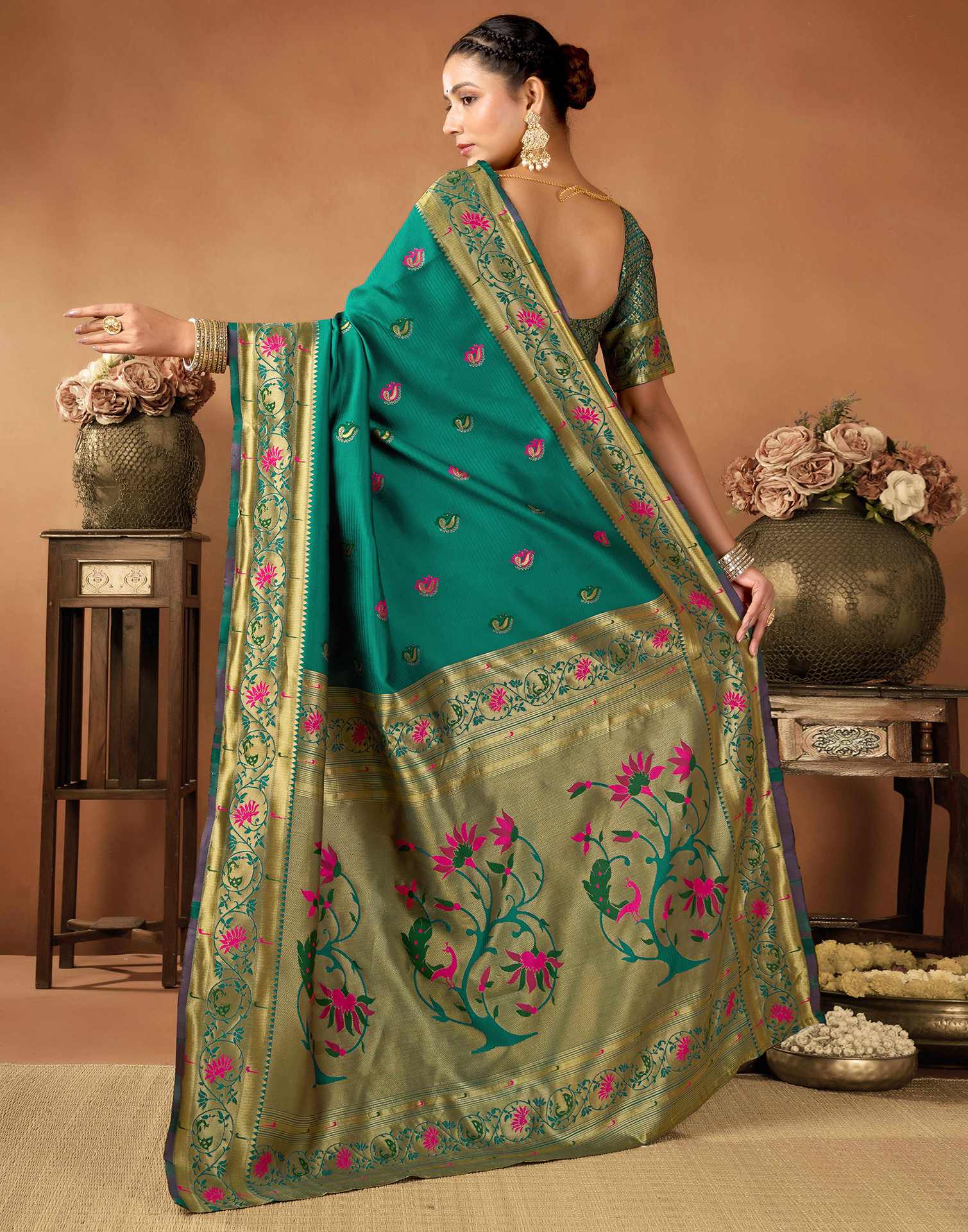 Teal Green Silk Woven Paithani Saree