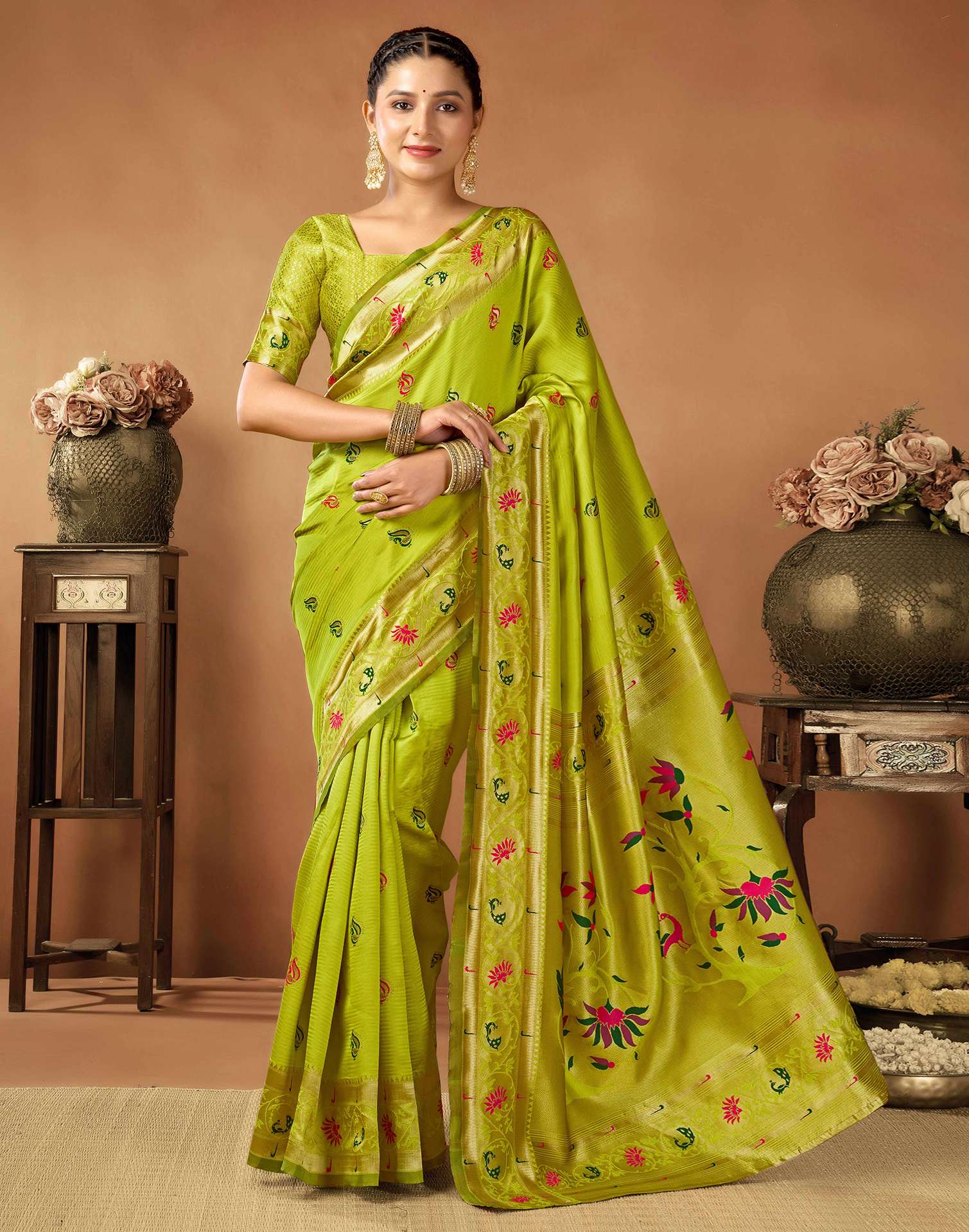 Lime Green Silk Woven Paithani Saree