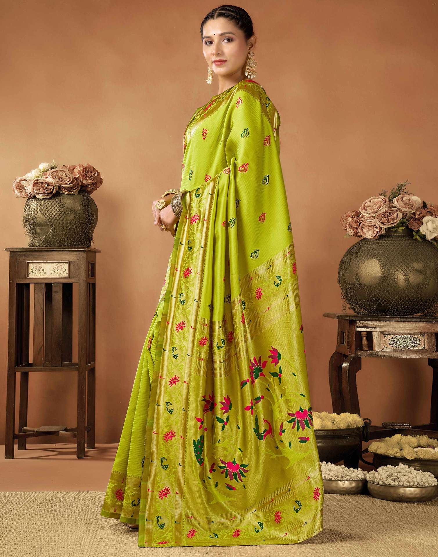 Lime Green Silk Woven Paithani Saree