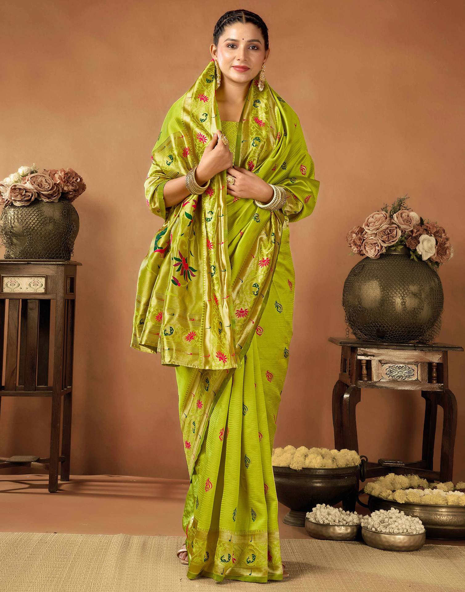 Lime Green Silk Woven Paithani Saree