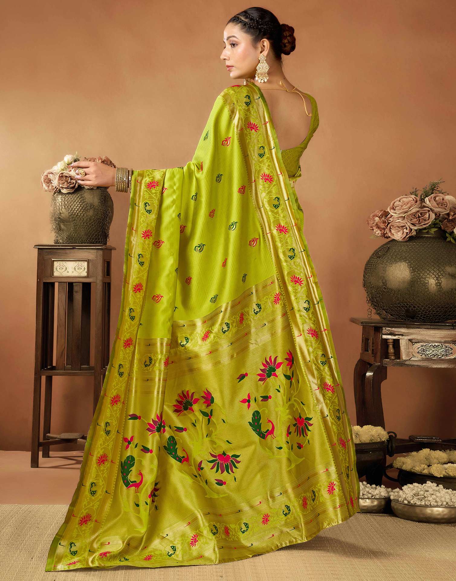 Lime Green Silk Woven Paithani Saree