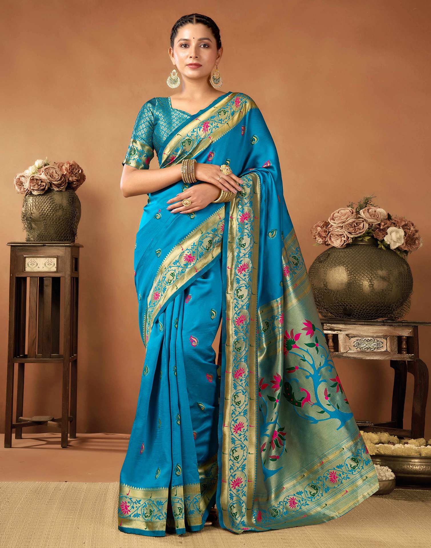 Peacock Blue Silk Woven Paithani Saree