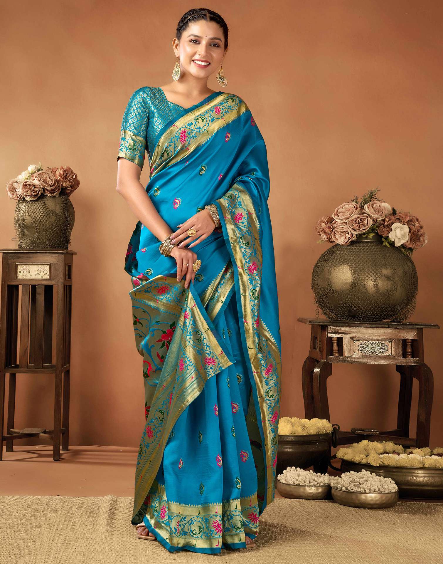 Peacock Blue Silk Woven Paithani Saree