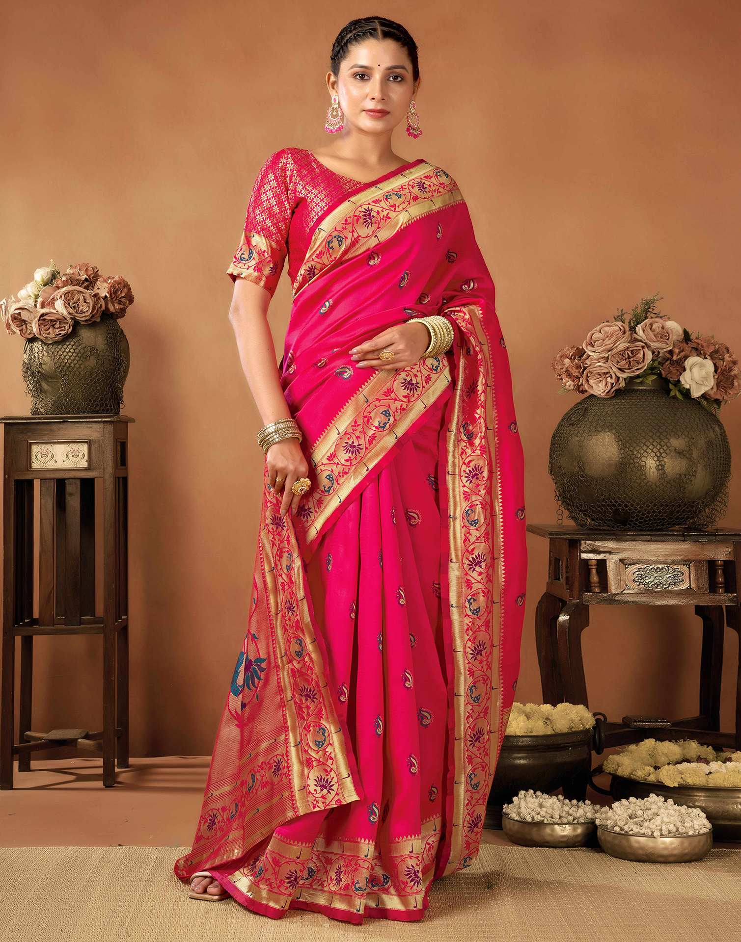 Rani Pink Silk Woven Paithani Saree